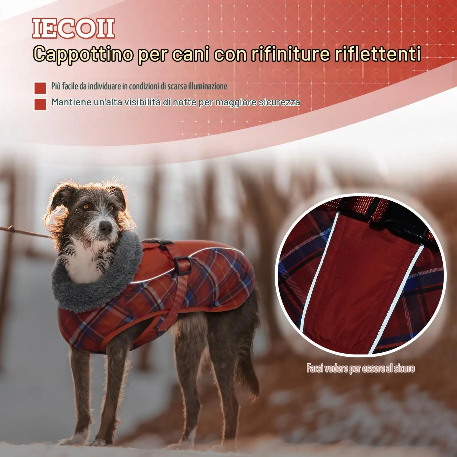 IECOii Cappotto invernale per cani impermeabile e antivento, taglia XXL, Tartan Rosso - immagine 3