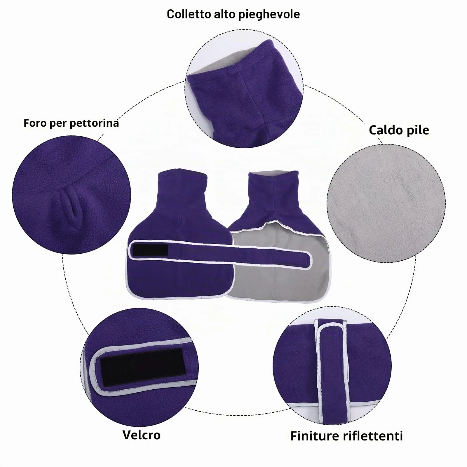 Geyecete Cappotto Invernale in Pile per Cani e Bassotti con Foro per Imbracatura, Viola, M - immagine 2