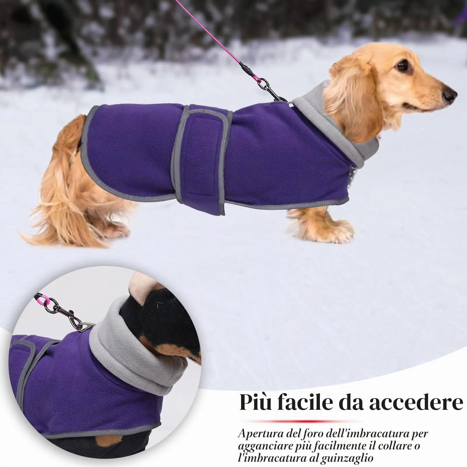 Geyecete Cappotto Invernale in Pile per Cani e Bassotti con Foro per Imbracatura, Viola, M - immagine 3