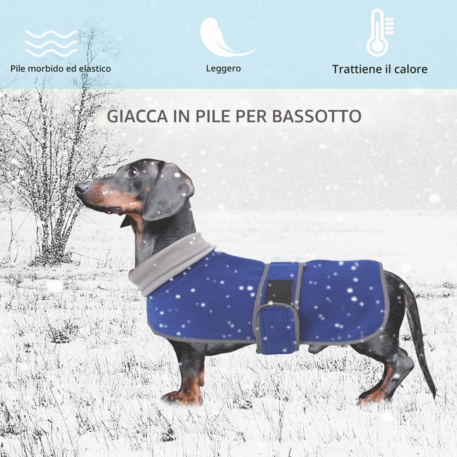 Geyecete Cappotto Invernale per Cani Bassotti, Fodera in Pile, Foro per Imbracatura, Blu, L - immagine 2