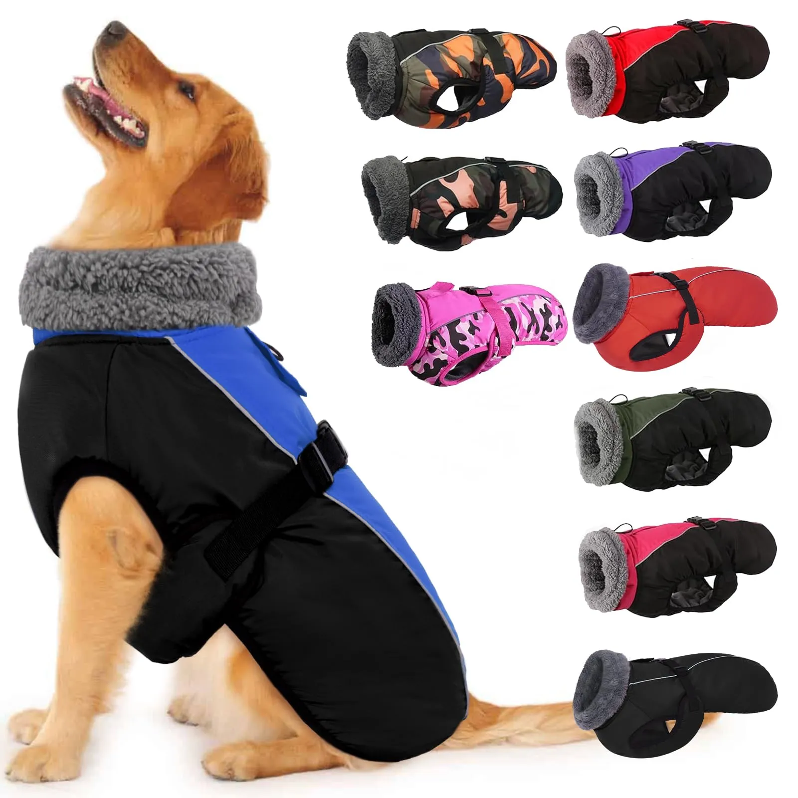IECOii Cappotto invernale per cani, giacca riflettente impermeabile con collo in pile e foro per imbracatura, Blu - immagine 1