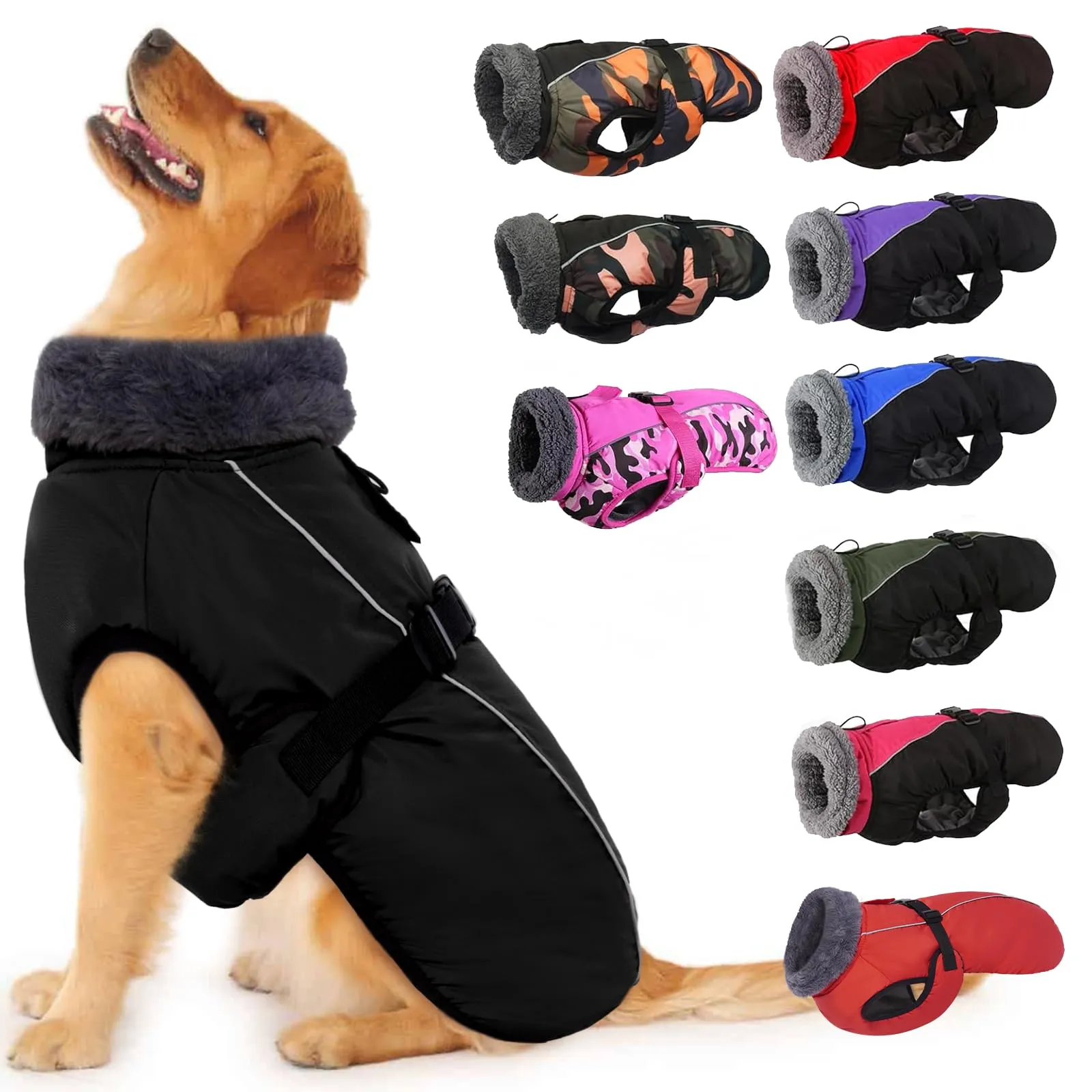 IECOii Cappotto invernale per cani in pile, impermeabile e riflettente con collo alto, nero, 4XL - immagine 1
