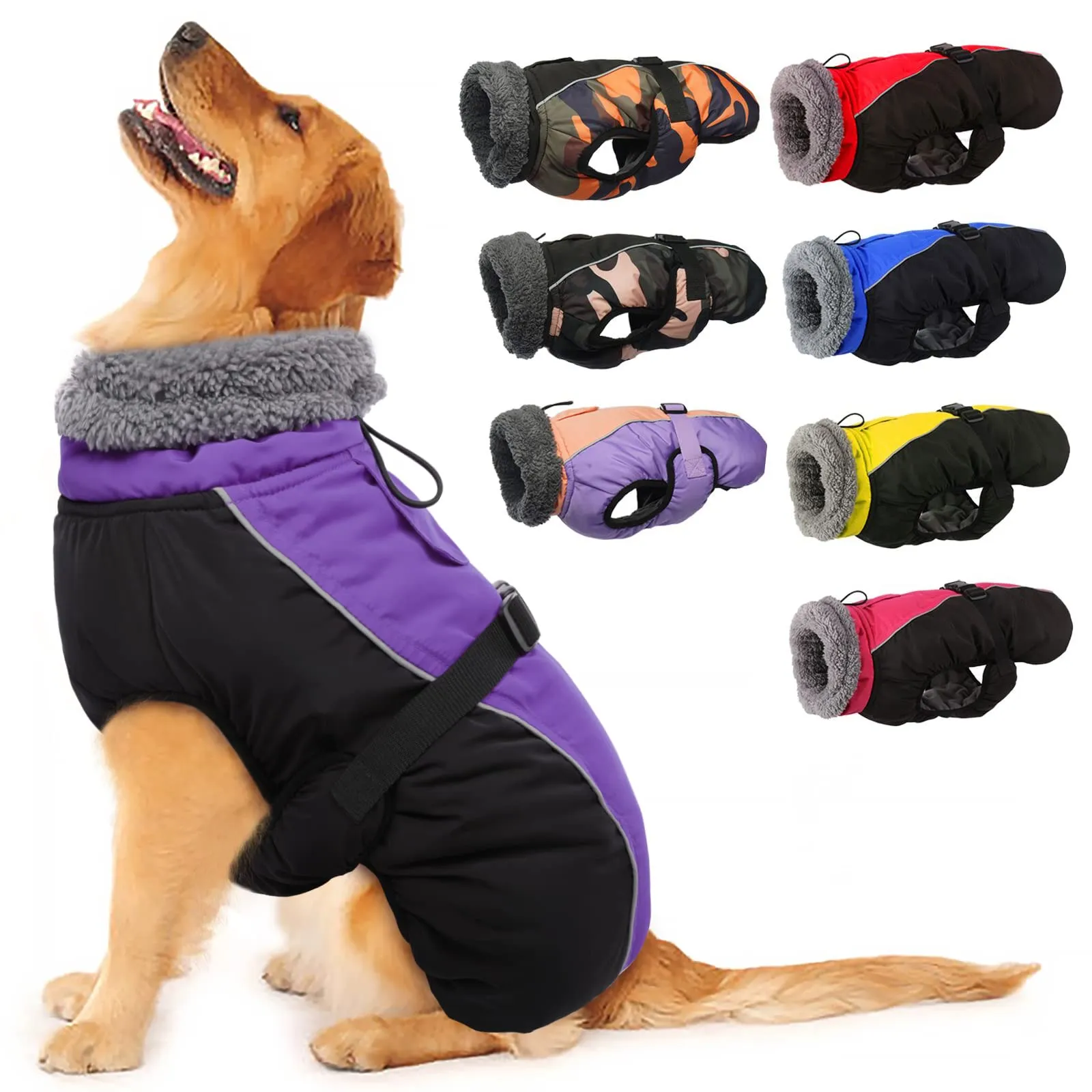 IECOii Cappotto Invernale per Cani Impermeabile e Antivento con Fodera in Pile e Strisce Riflettenti, Viola, Taglia XXXL - immagine 1