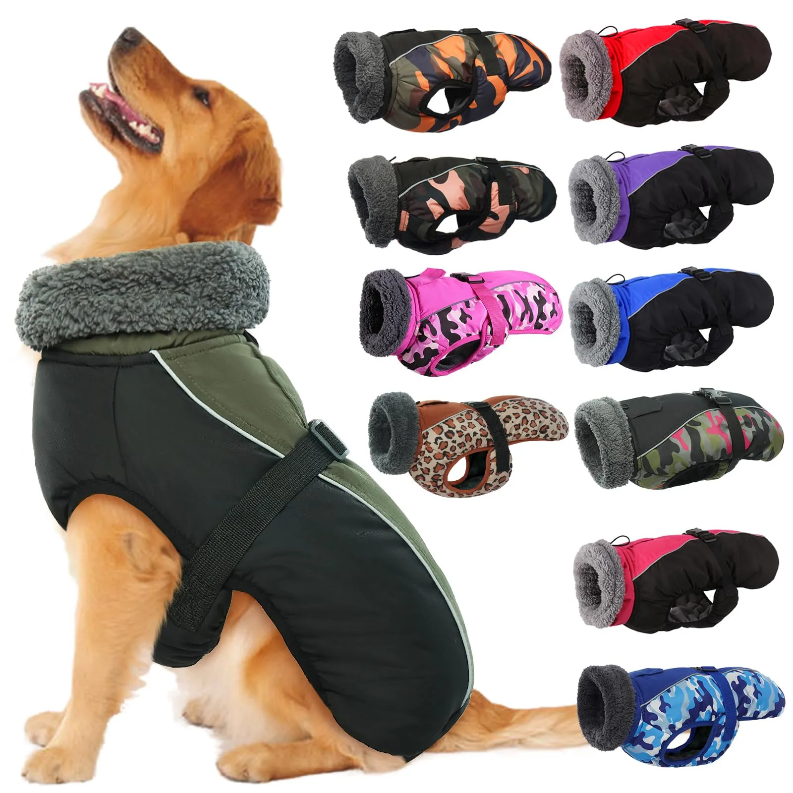 IECOii Cappotto Impermeabile e Antivento per Cani, Giacca Invernale Termica con Pile di Corallo, Verde Oliva, Taglia XXL - immagine 1