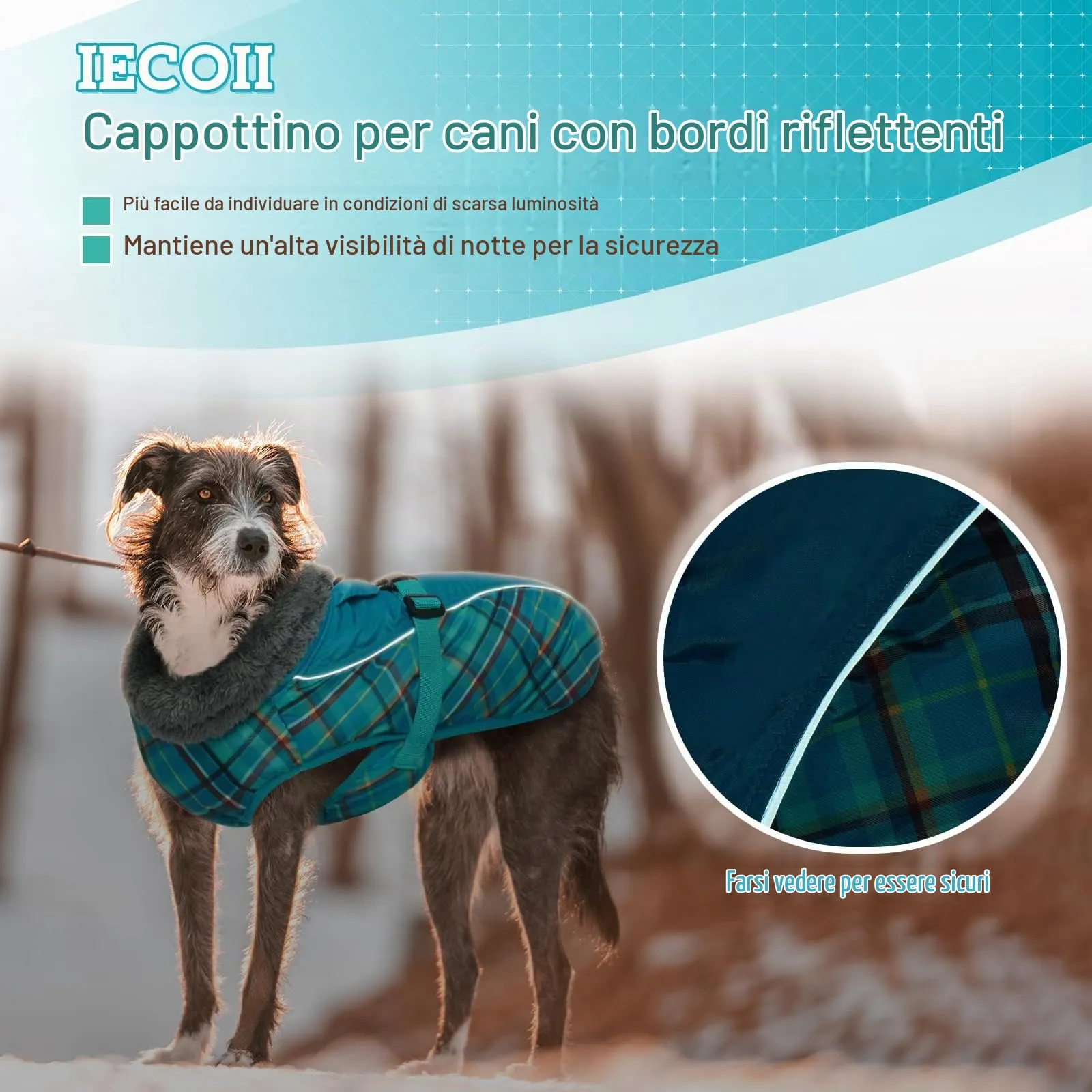 IECOii Cappotto Invernale per Cani Impermeabile e Antivento, Taglia S, Tartan Verde - immagine 3