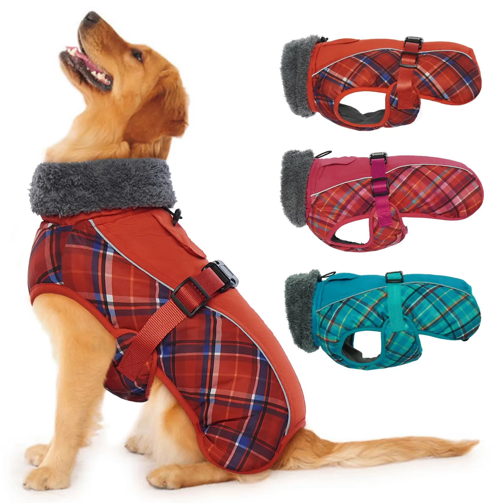 IECOii Cappotto Invernale per Cani Impermeabile e Antivento, Tartan Rosso, Taglia L - immagine 1