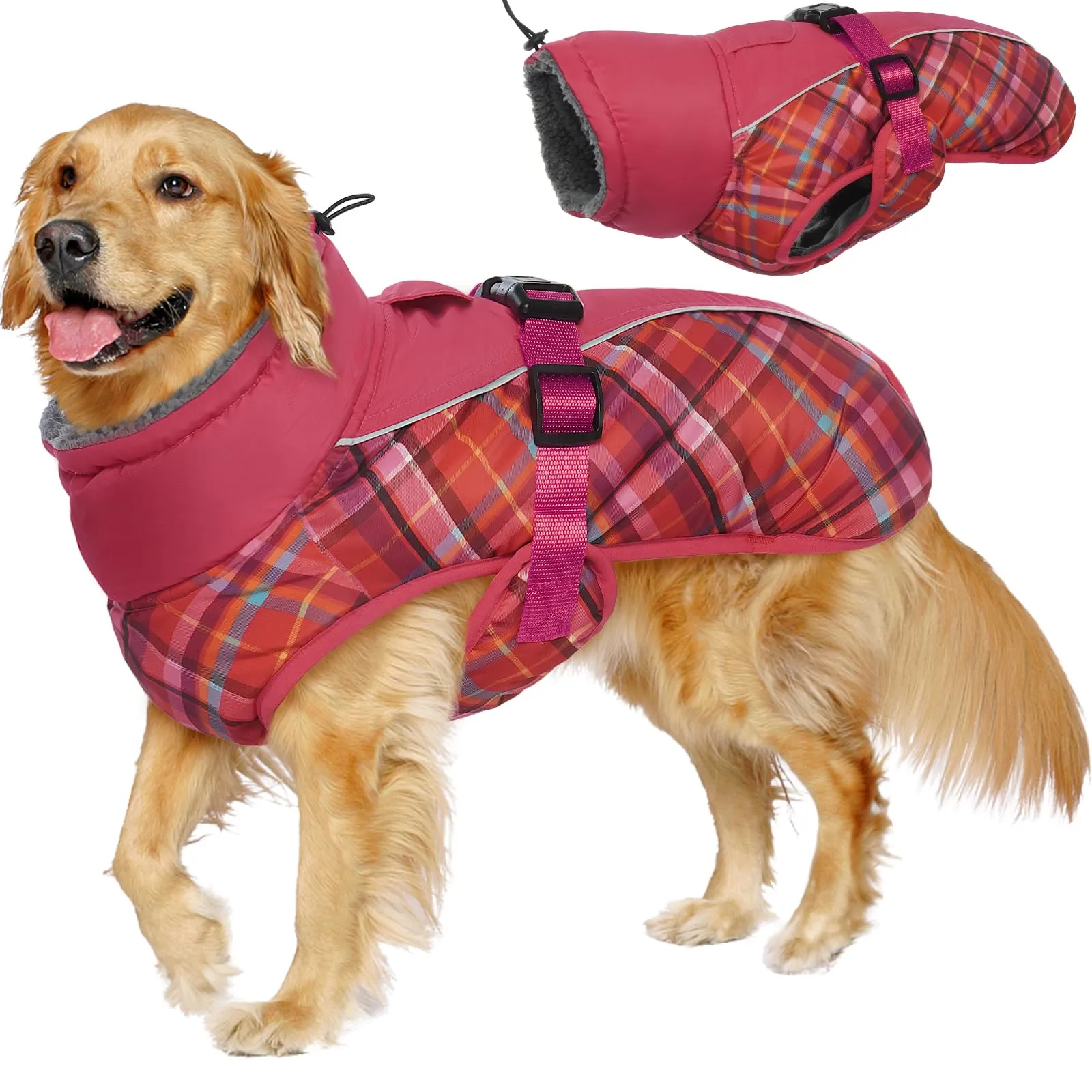 IECOii Cappotto invernale per cani impermeabile e antivento, taglia M, Tartan Rosa Scuro - immagine 7