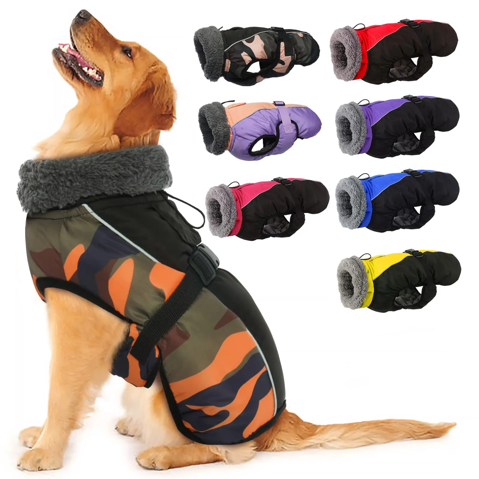 IECOii Cappotto Invernale per Cani Impermeabile e Antivento con Fodera in Pile, Giacca Riflettente con Foro per Guinzaglio, Taglia M, Camuffamento Arancione - immagine 1
