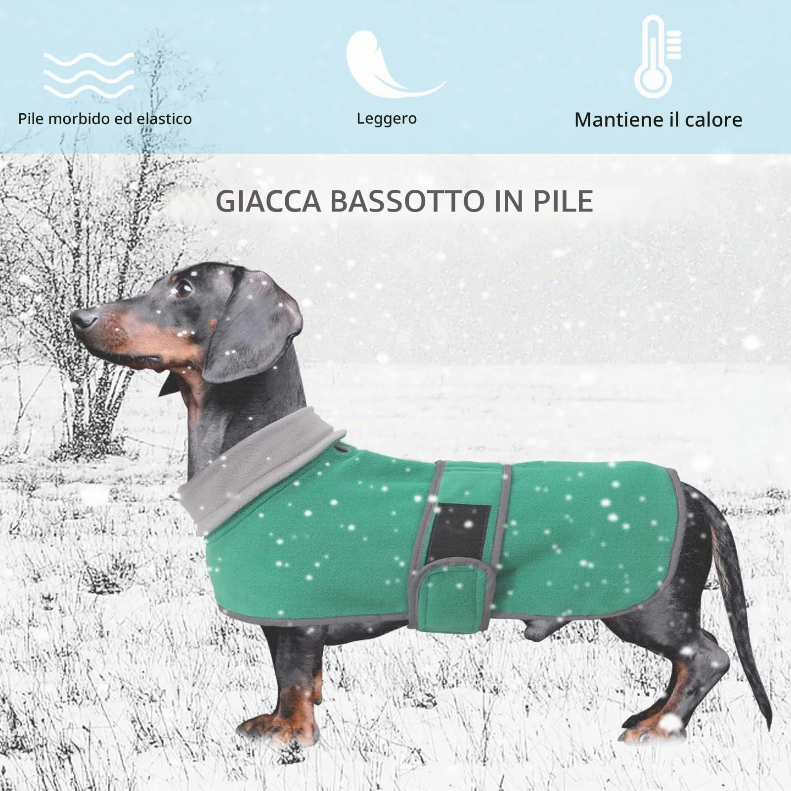 Geyecete Cappotto Invernale in Pile per Cani Bassotti con Foro per Imbracatura, Verde, XS - immagine 2