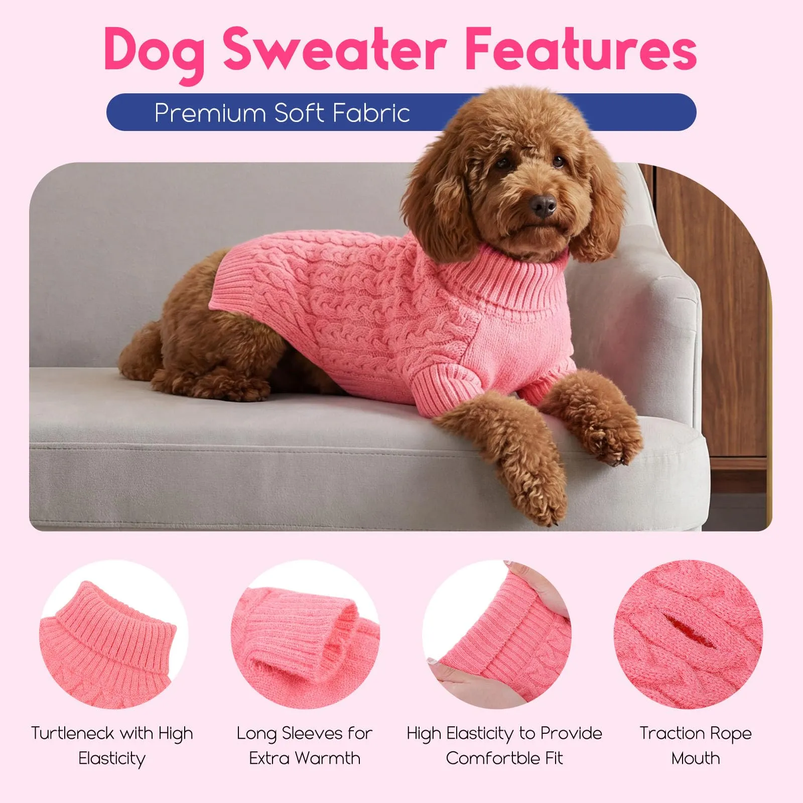 ASENKU Maglione per Cani Medi e Grandi, Taglia L, Rosa - immagine 3