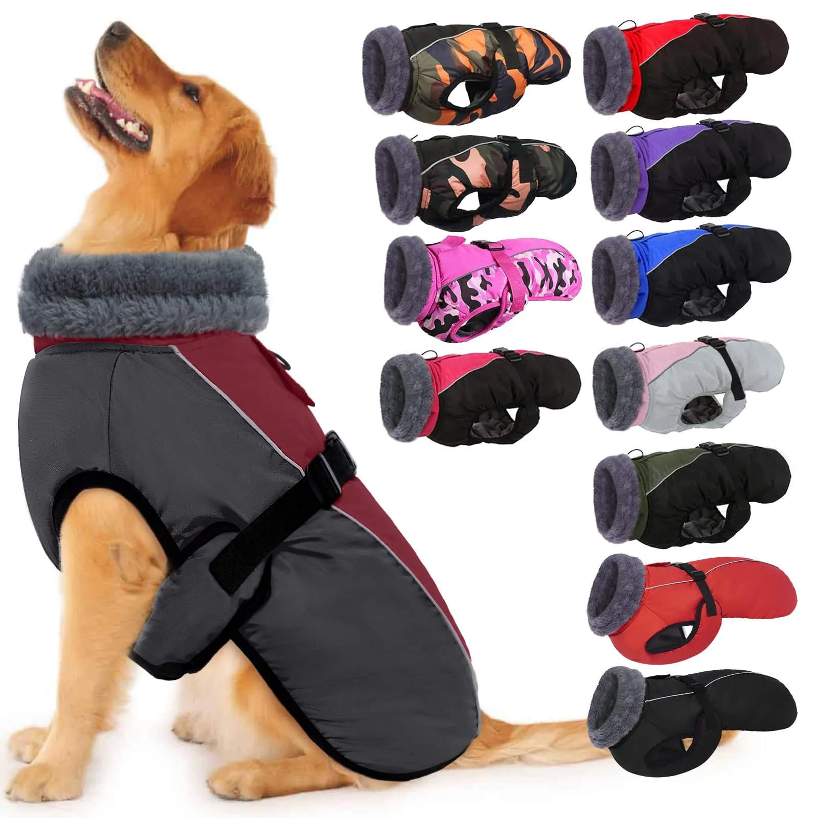 IECOii Cappottino per cani impermeabile e riflettente con pile, Bordeaux, XXL - immagine 1
