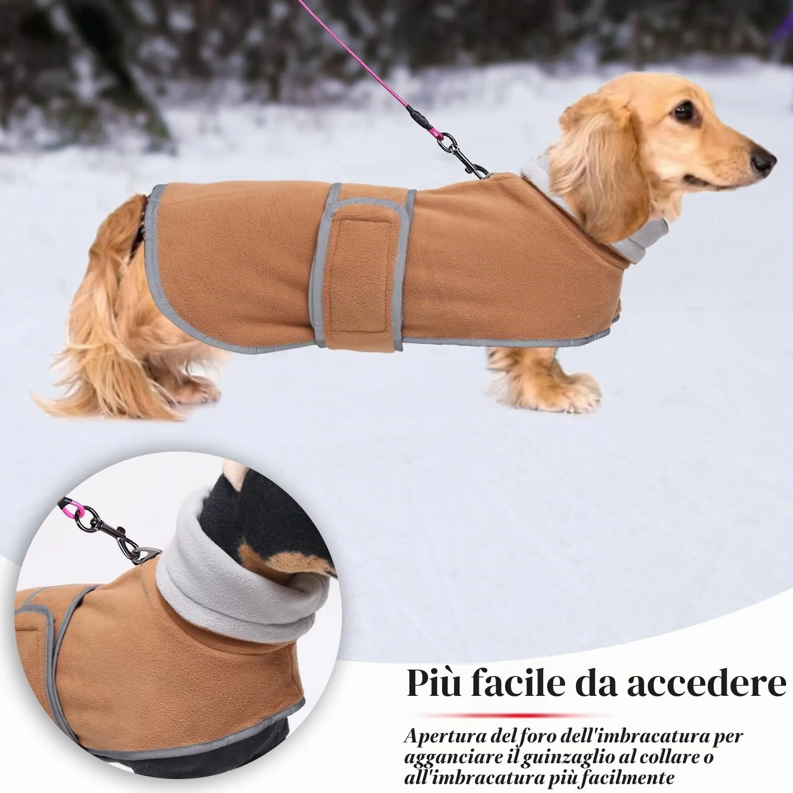 Geyecete Cappotto Invernale per Cani Bassotti con Fodera in Pile e Foro per Imbracatura, Marrone, S - immagine 3