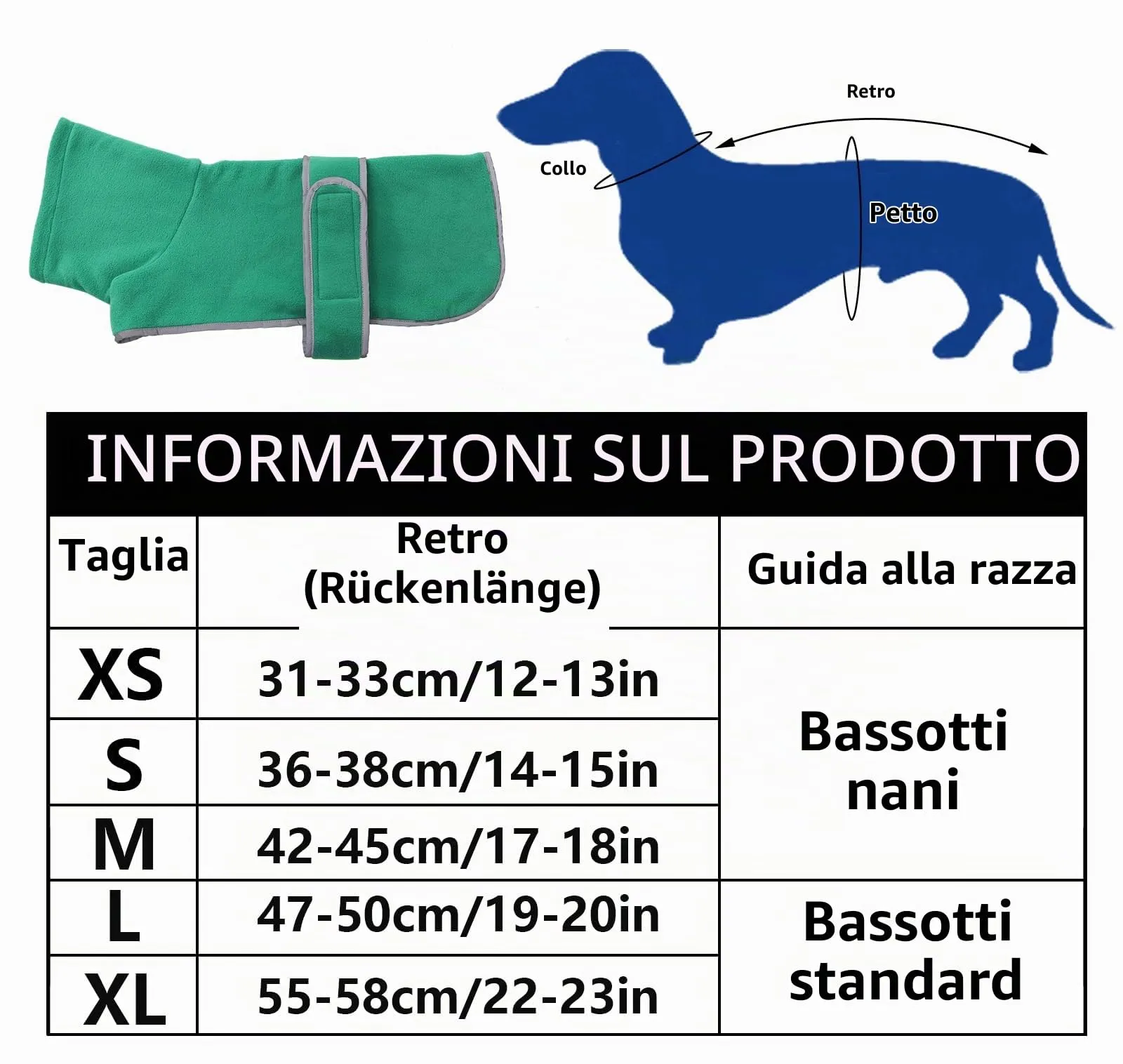 Geyecete Cappotto Invernale in Pile per Cani e Bassotti con Foro per Imbracatura, Verde, L - immagine 5