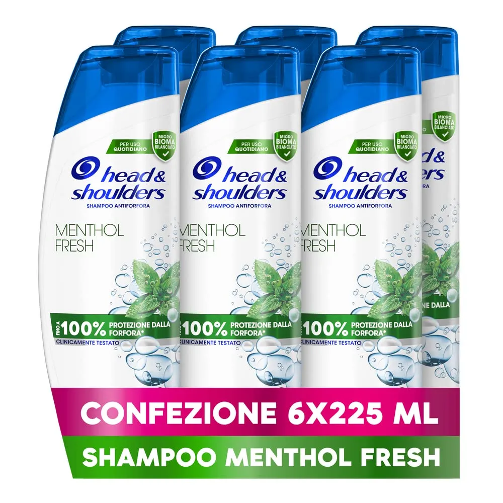 Head & Shoulders Shampoo Antiforfora Menthol Fresh per Capelli Grassi, 225ml x6 - immagine 1