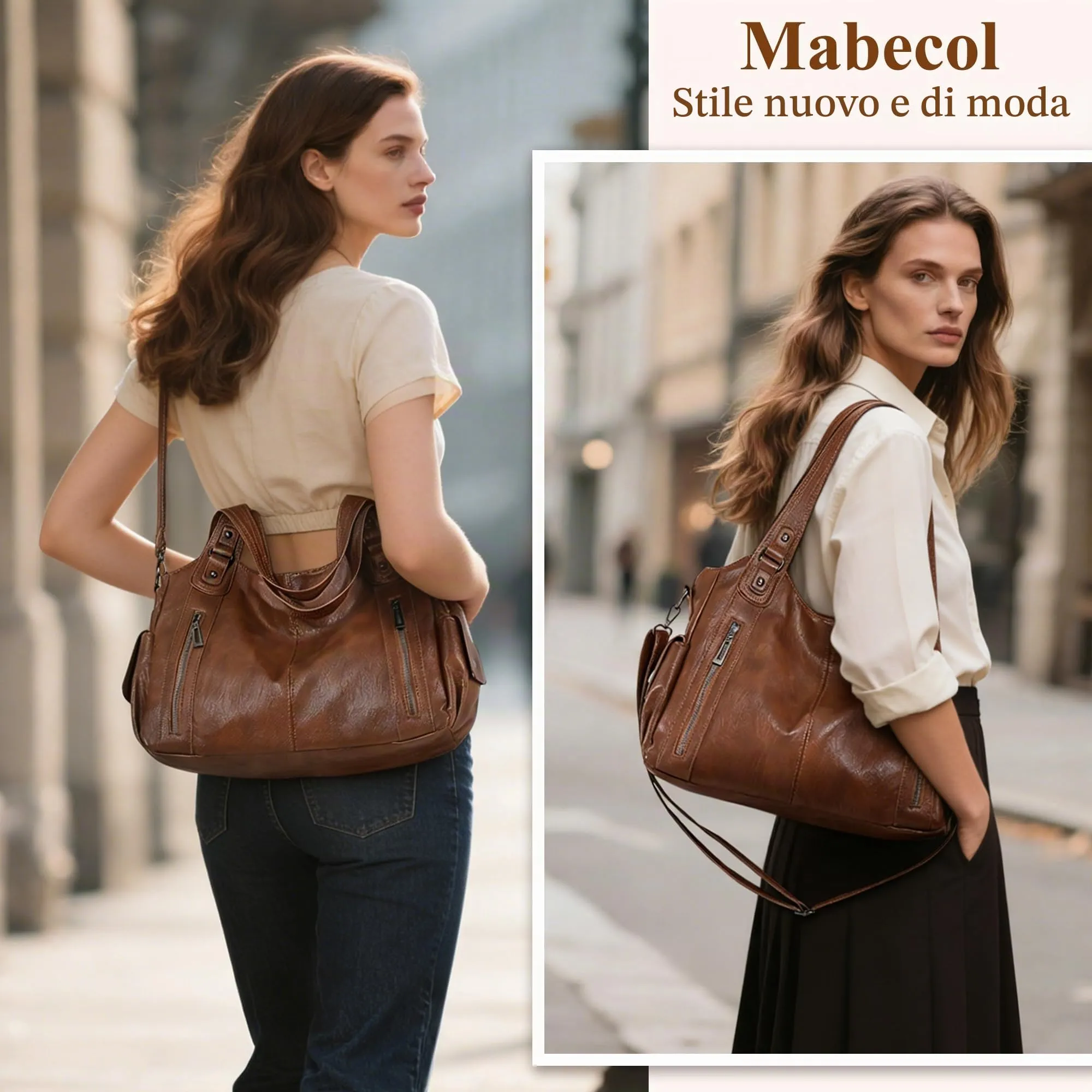 Mabecol Borsa Donna Mano Spalla Tracolla Shopper PU Marrone - immagine 2