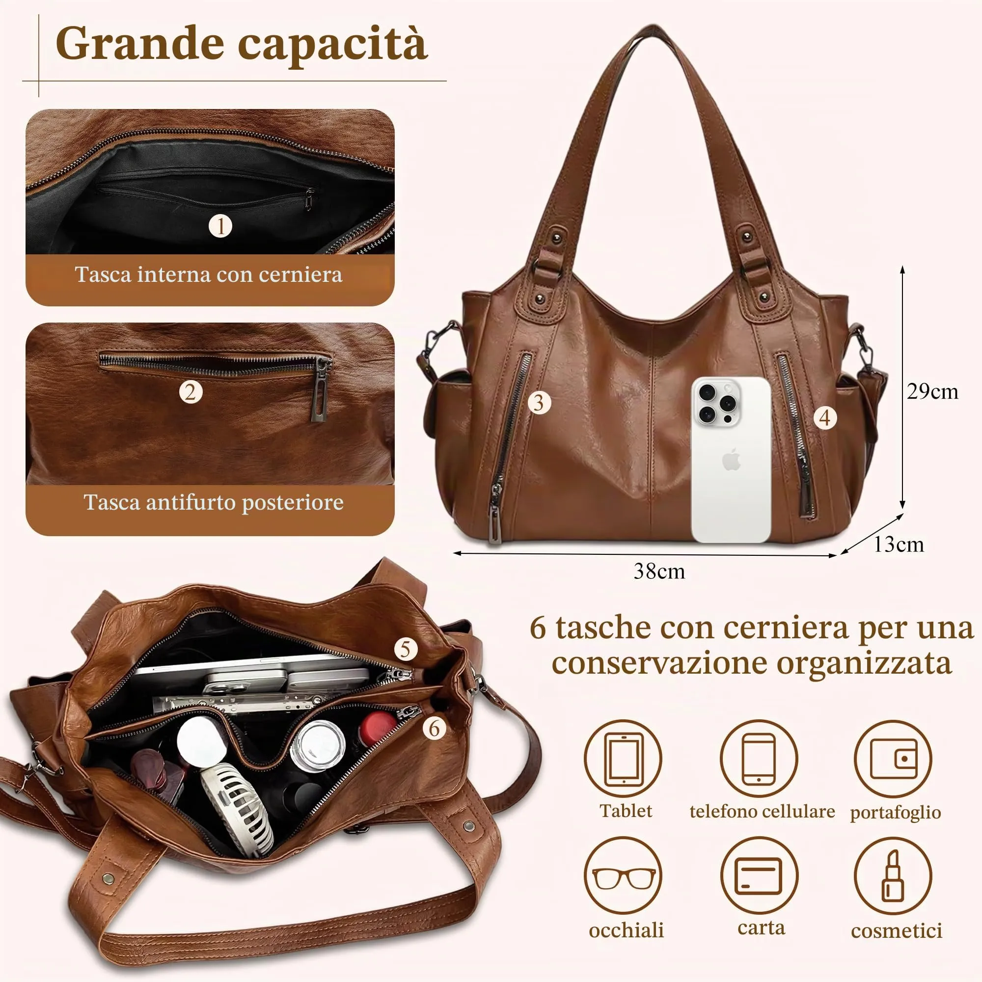 Mabecol Borsa Donna Mano Spalla Tracolla Shopper PU Marrone - immagine 3