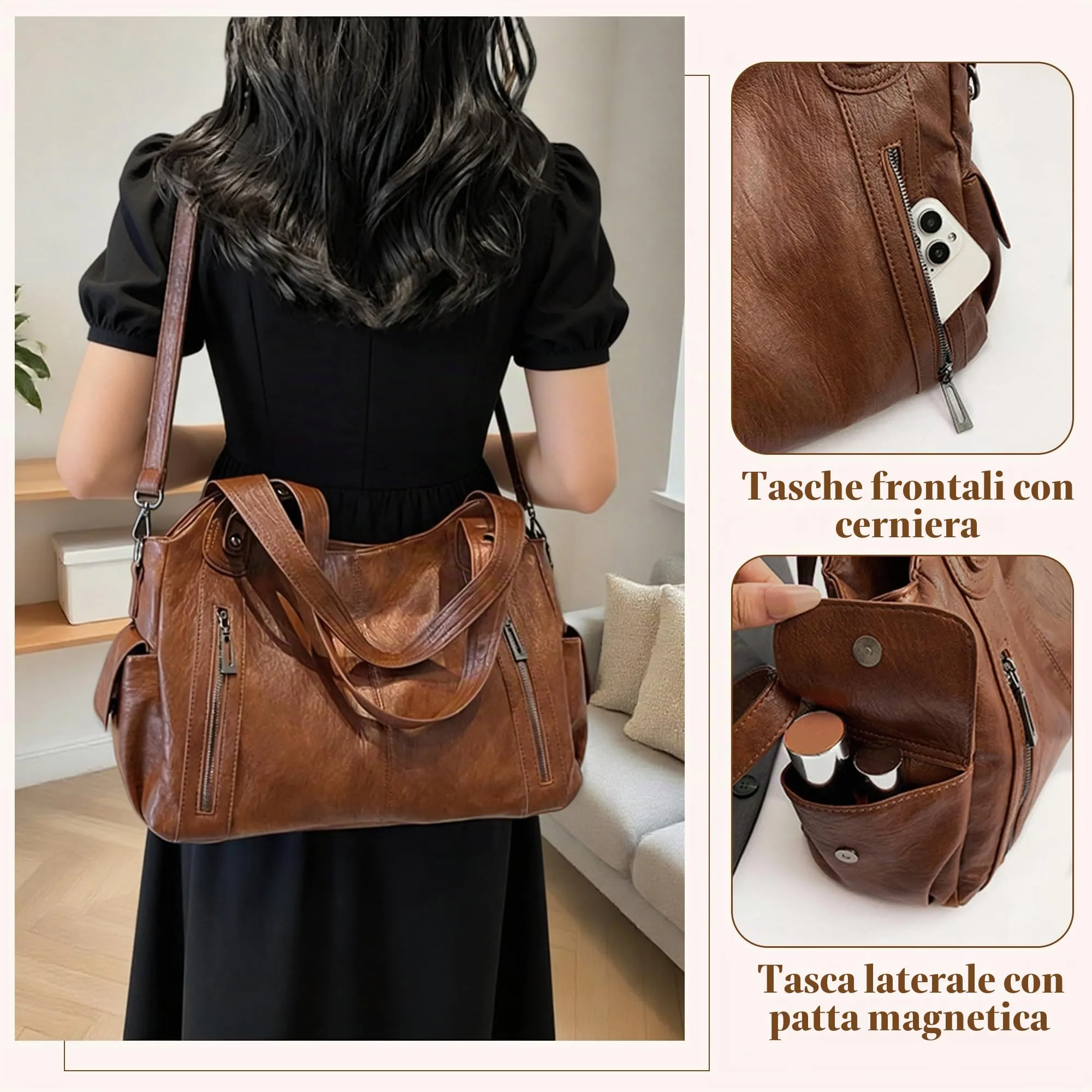 Mabecol Borsa Donna Mano Spalla Tracolla Shopper PU Marrone - immagine 4