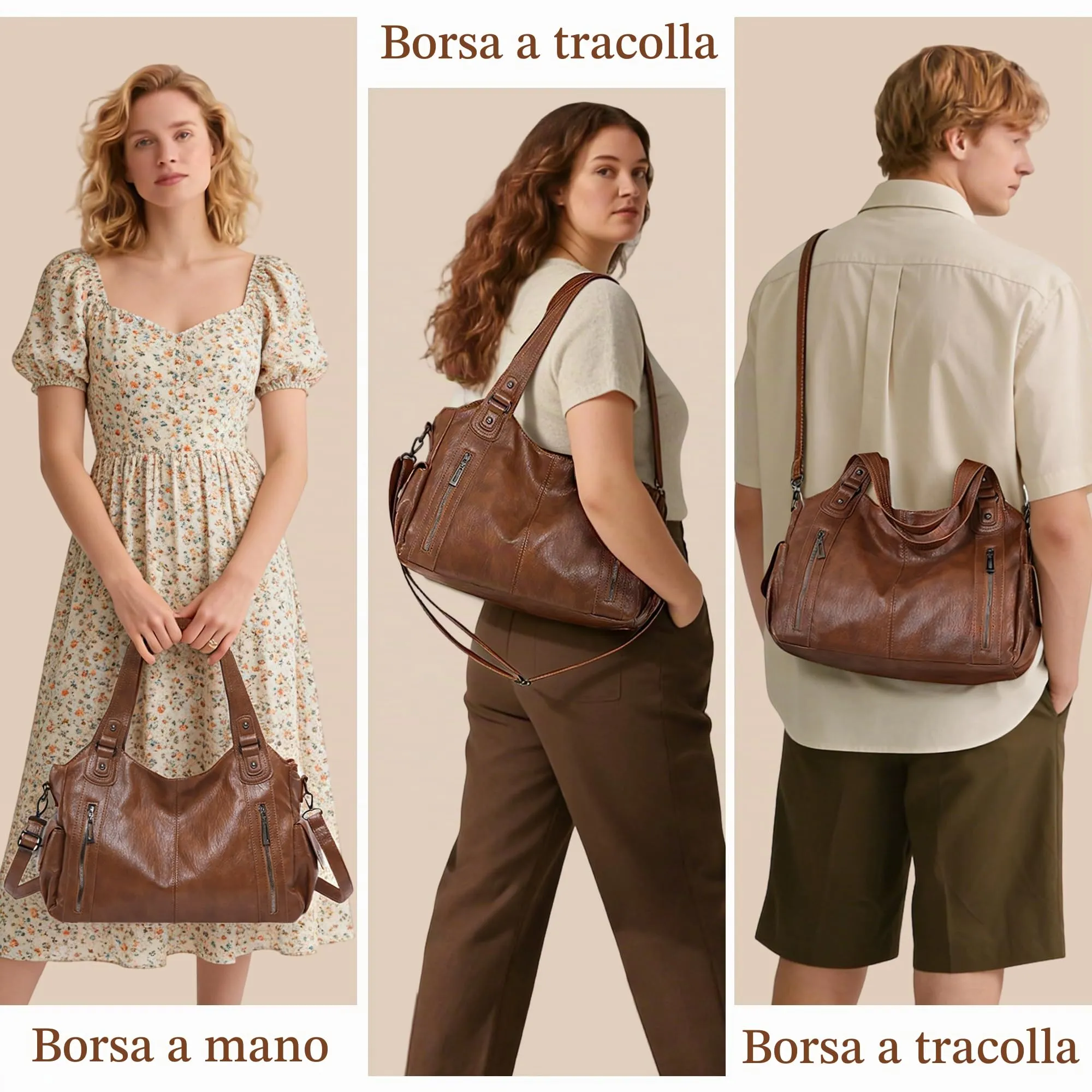 Mabecol Borsa Donna Mano Spalla Tracolla Shopper PU Marrone - immagine 6