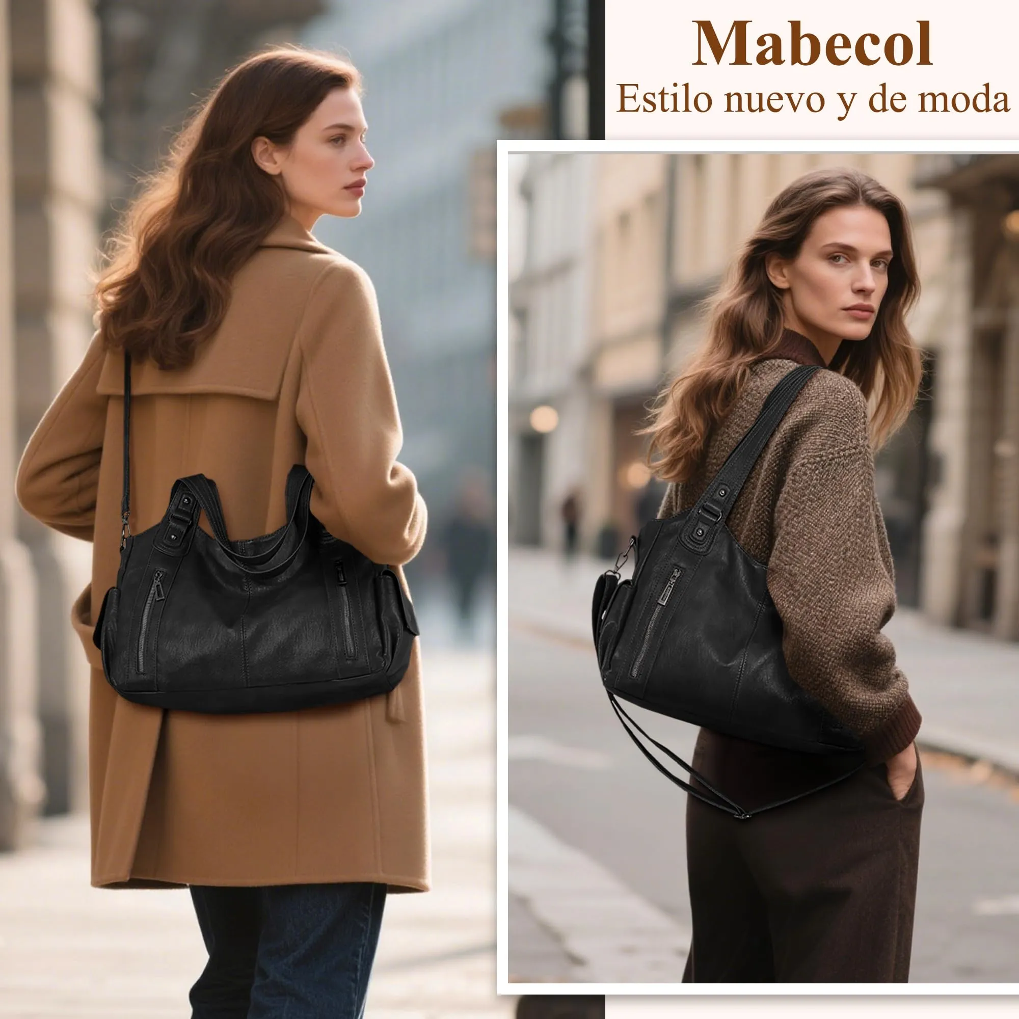 Mabecol Borsa Donna Mano Spalla Tracolla Shopper PU Nero - immagine 2