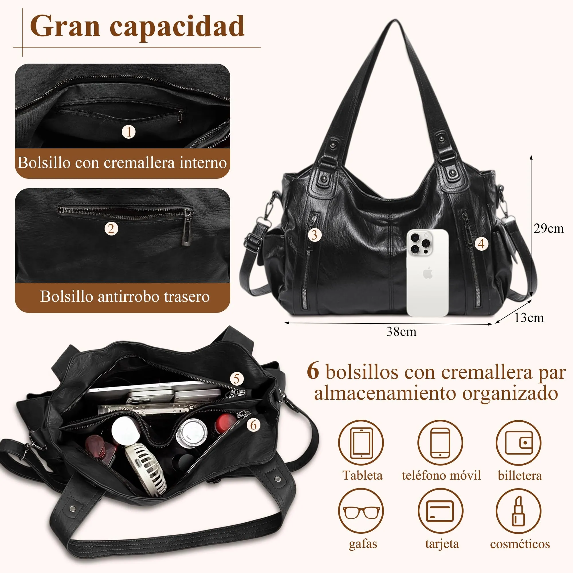 Mabecol Borsa Donna Mano Spalla Tracolla Shopper PU Nero - immagine 3
