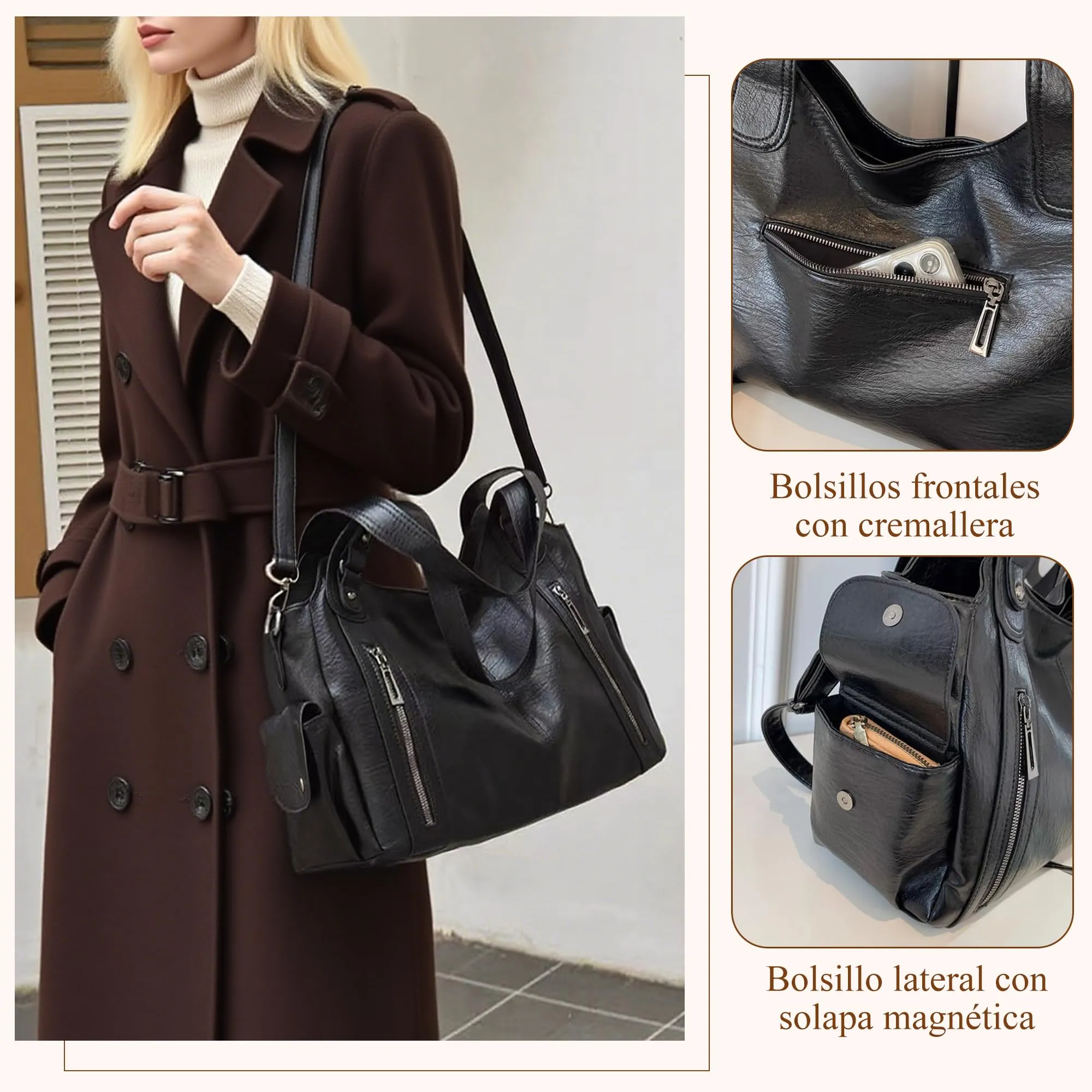 Mabecol Borsa Donna Mano Spalla Tracolla Shopper PU Nero - immagine 4