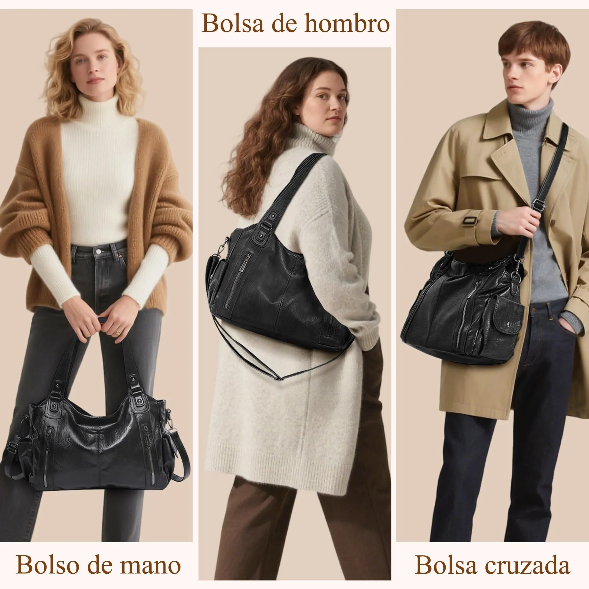 Mabecol Borsa Donna Mano Spalla Tracolla Shopper PU Nero - immagine 6