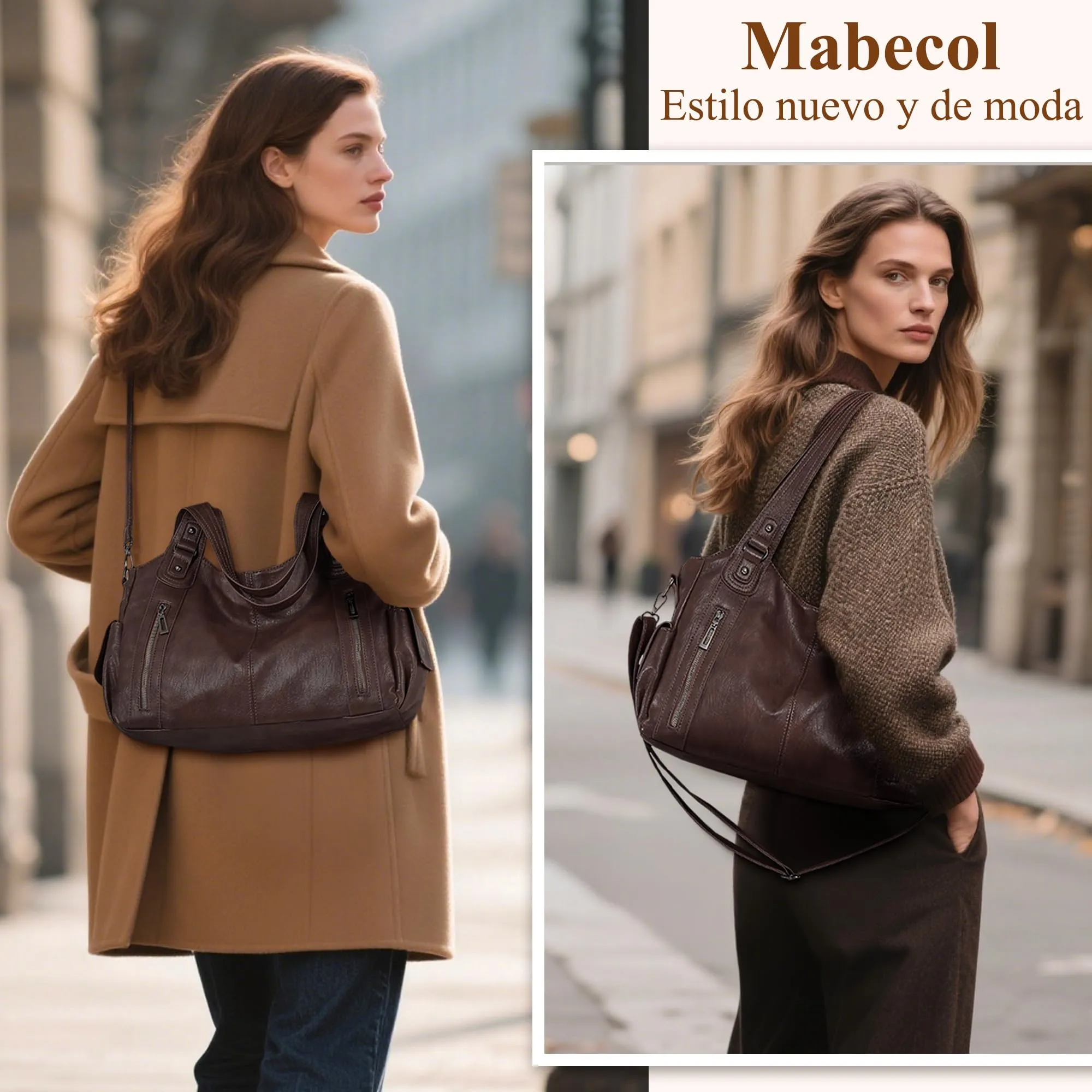 Mabecol Borsa Donna Mano Spalla Tracolla Shopper PU Caffè - immagine 2
