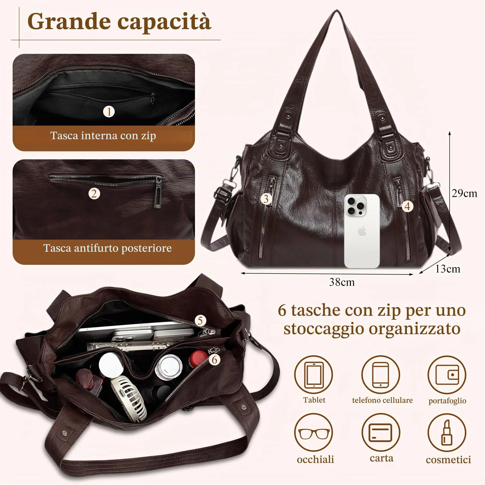 Mabecol Borsa Donna Mano Spalla Tracolla Shopper PU Caffè - immagine 3
