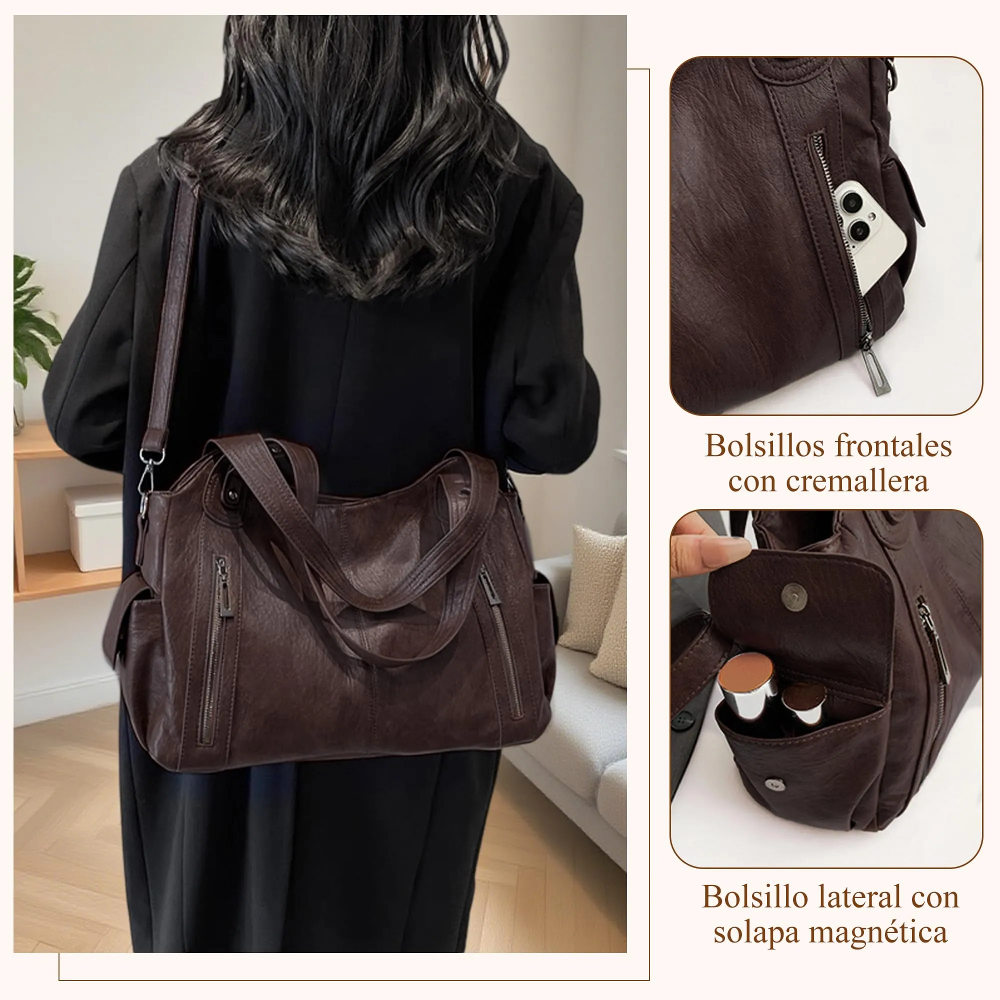 Mabecol Borsa Donna Mano Spalla Tracolla Shopper PU Caffè - immagine 4