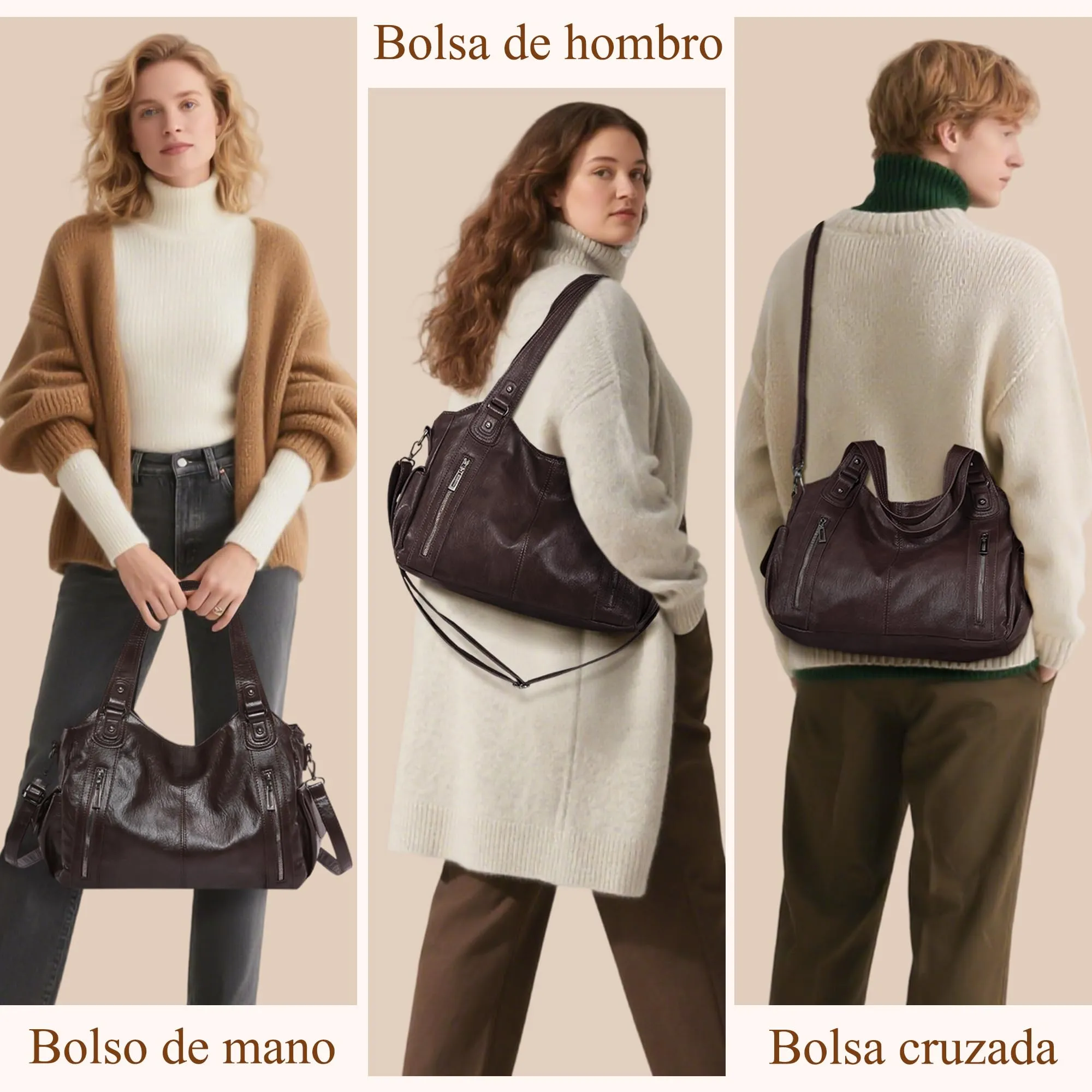 Mabecol Borsa Donna Mano Spalla Tracolla Shopper PU Caffè - immagine 6