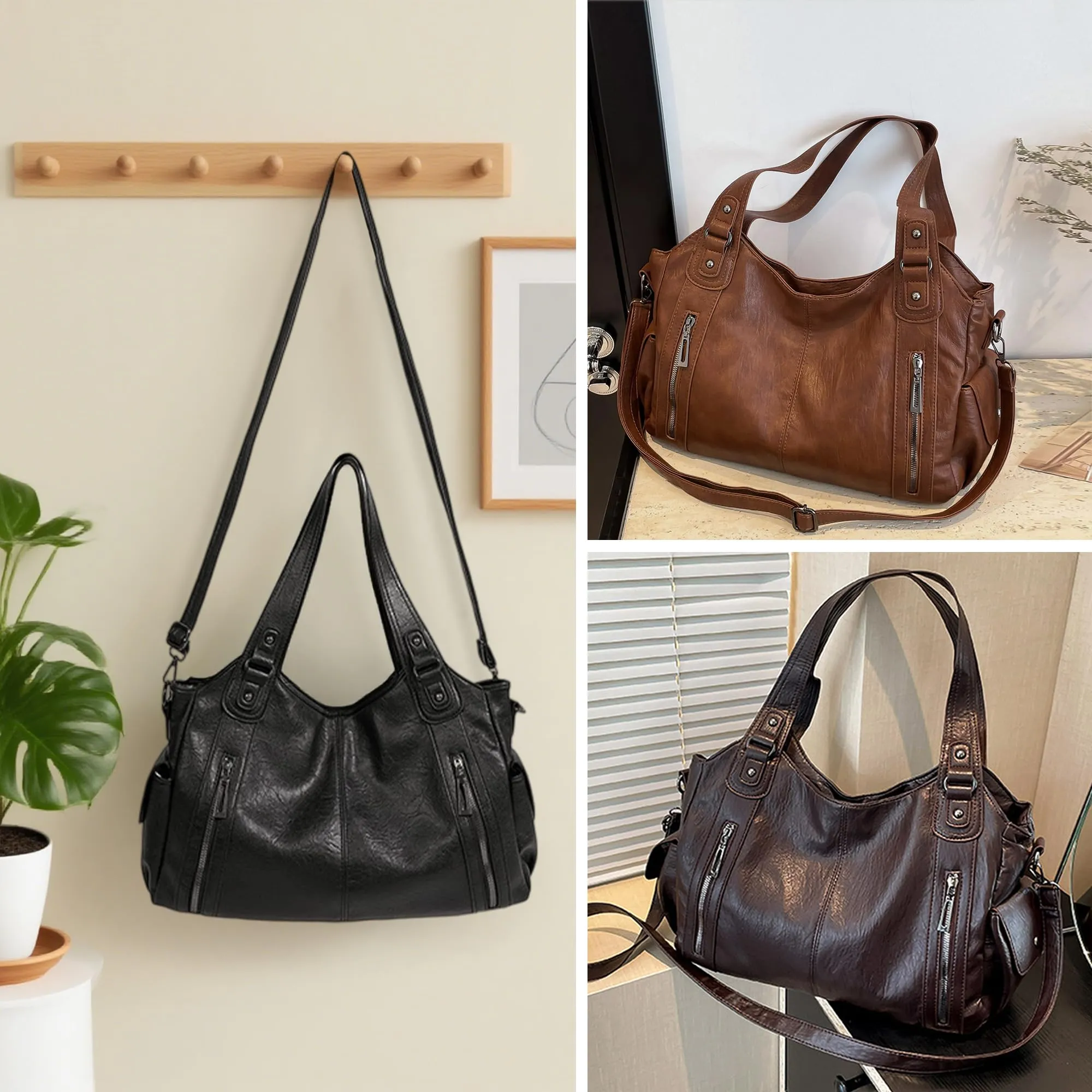 Mabecol Borsa Donna Mano Spalla Tracolla Shopper PU Caffè - immagine 7