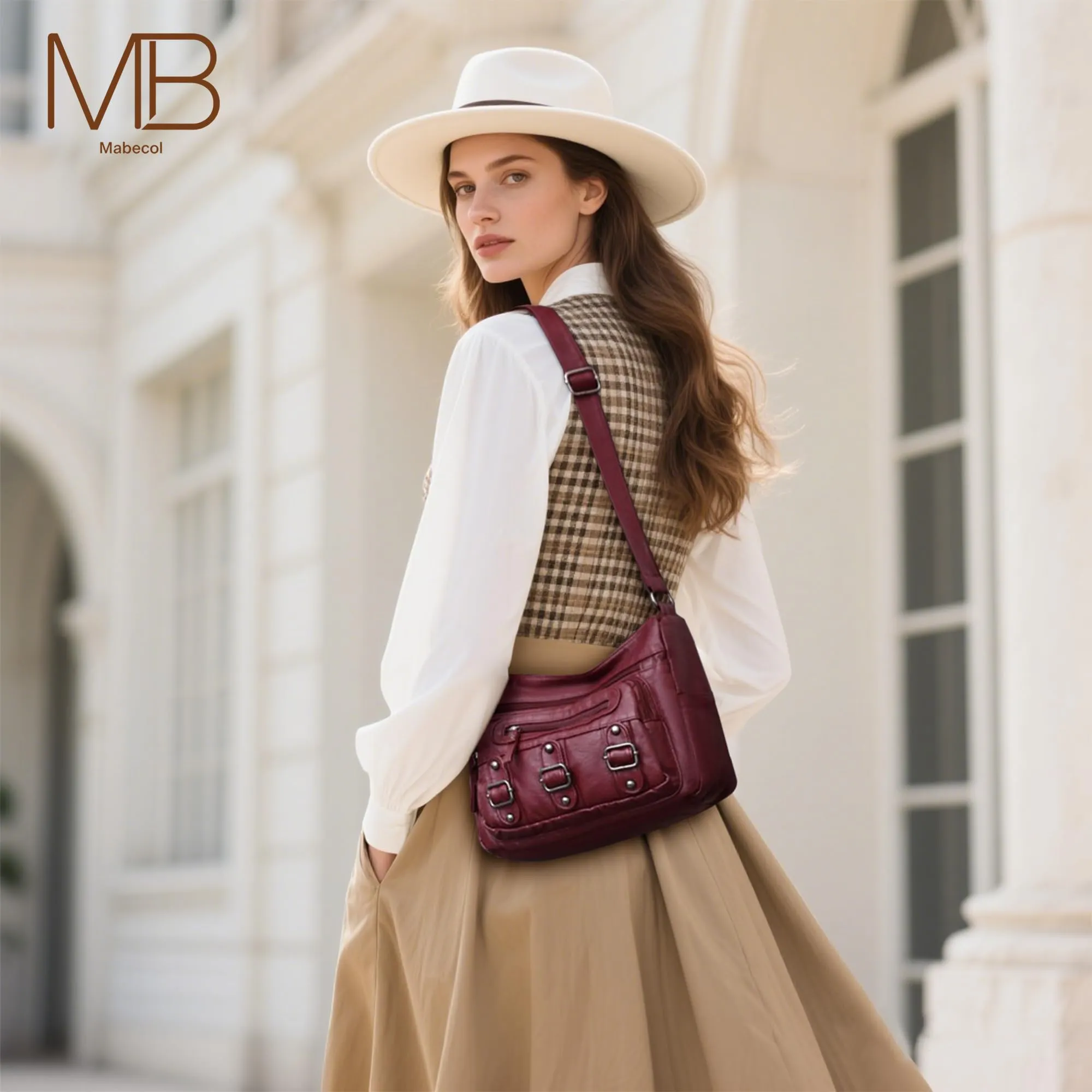 Mabecol Borsa Donna Tracolla PU Media Shopper Bordeaux - immagine 2
