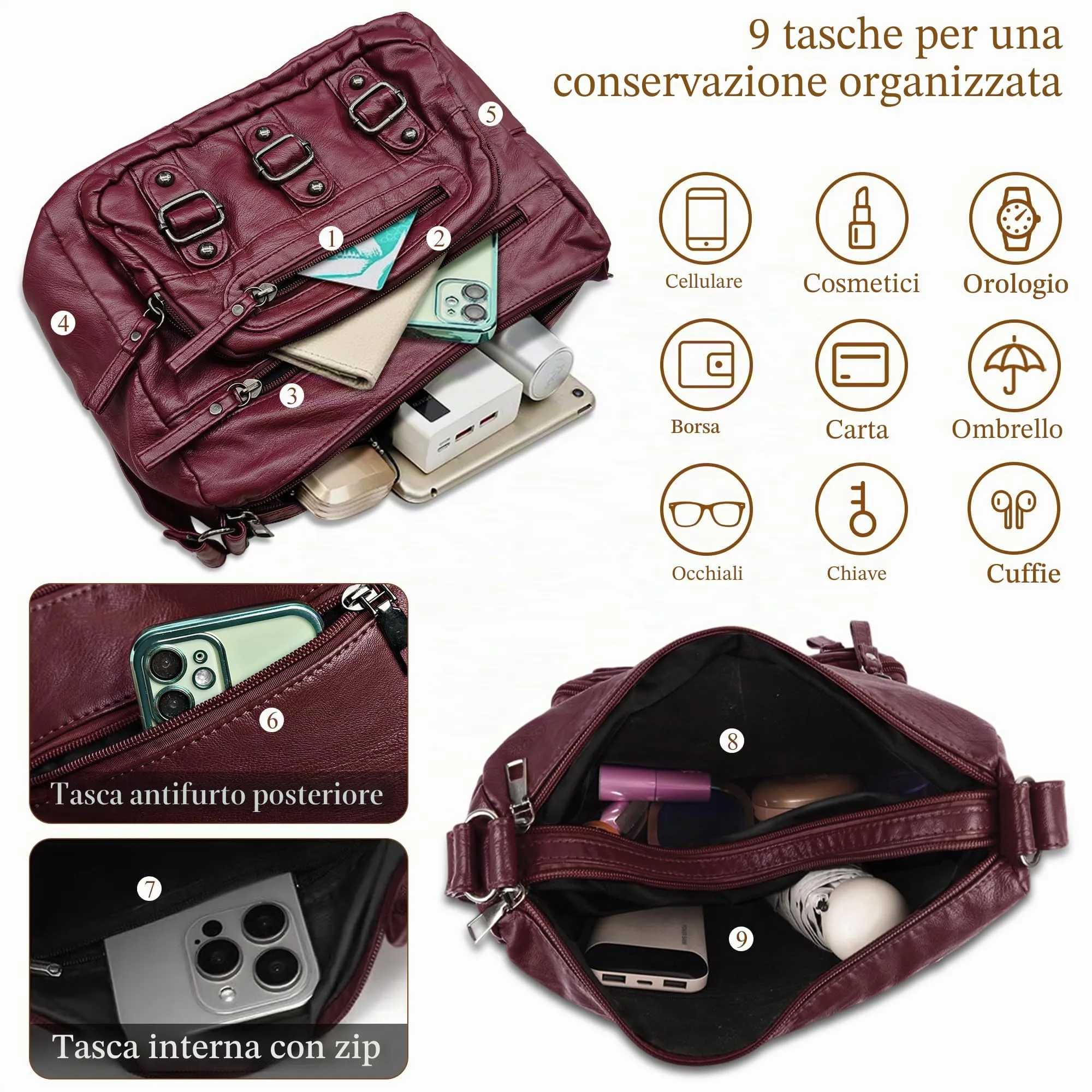 Mabecol Borsa Donna Tracolla PU Media Shopper Bordeaux - immagine 5