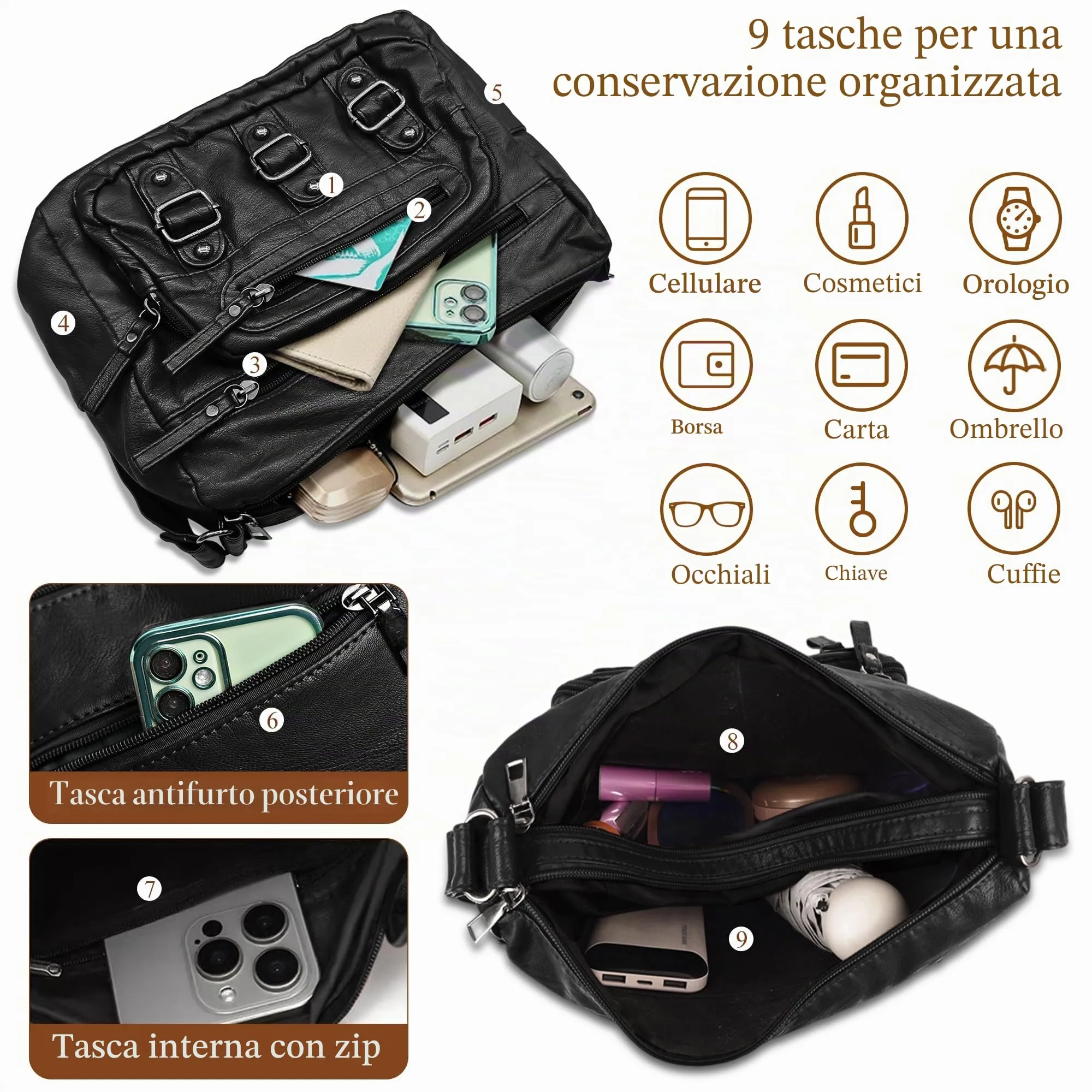Mabecol Borsa Donna a Tracolla e Spalla in PU, Nero - immagine 5