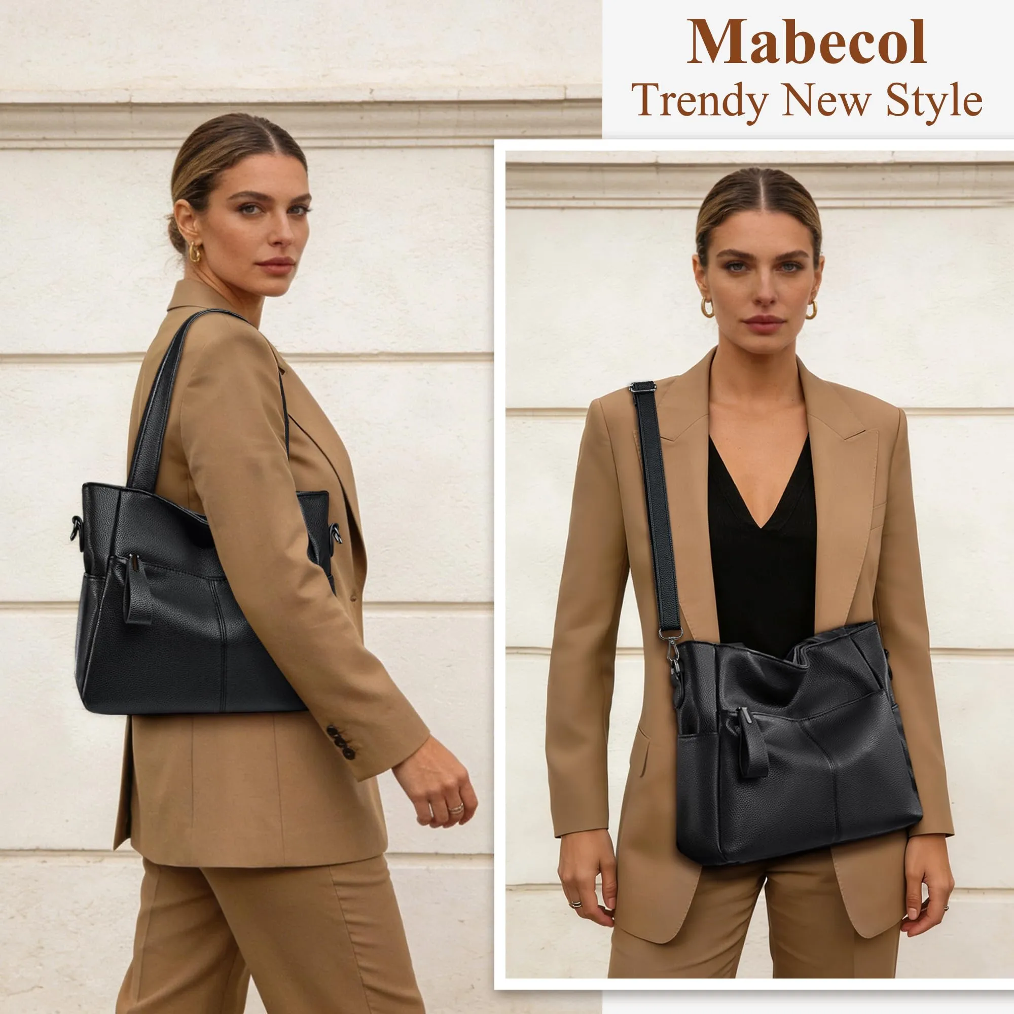 Mabecol Borsa Donna Media Spalla Mano Tracolla Tote Shopper Nero - immagine 2