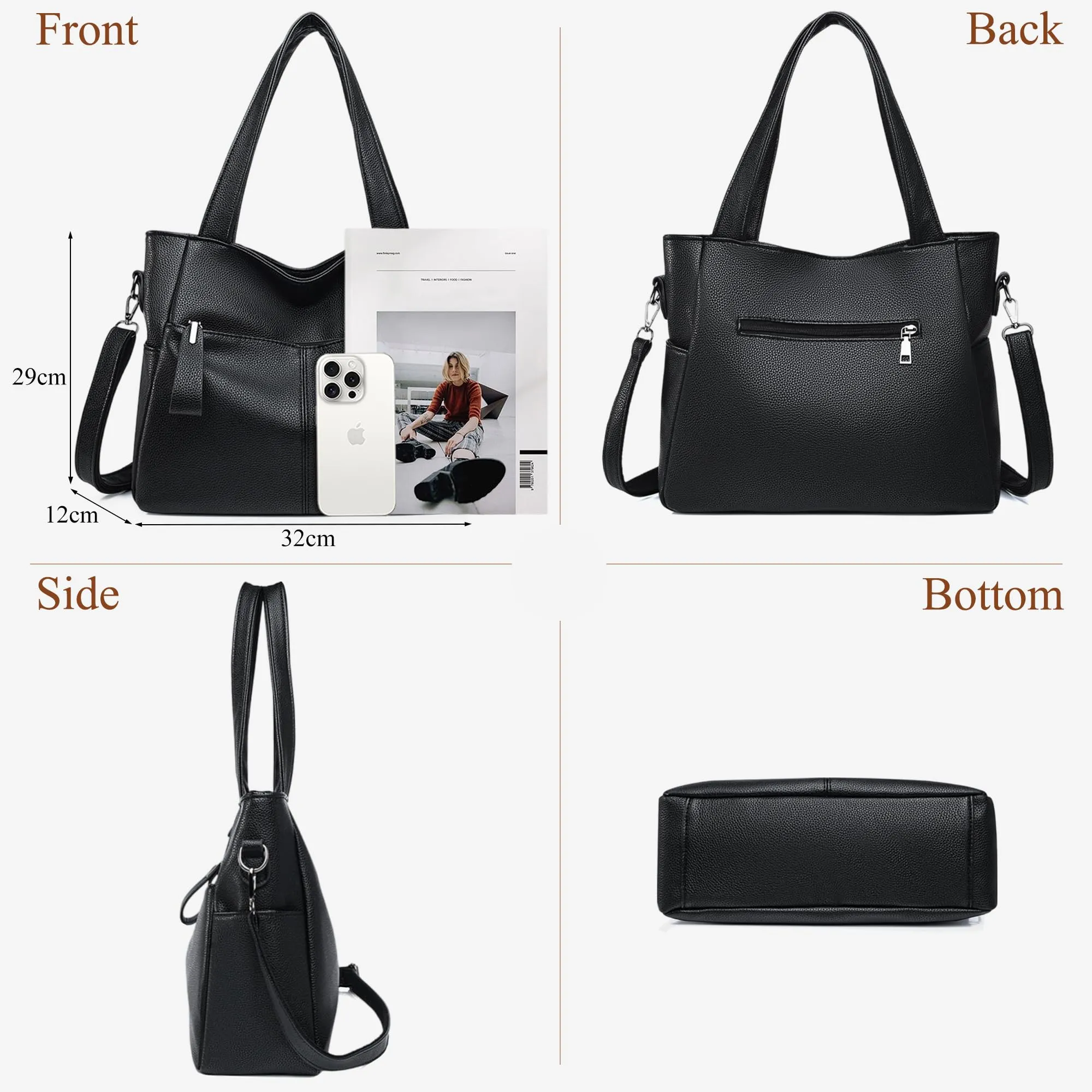 Mabecol Borsa Donna Media Spalla Mano Tracolla Tote Shopper Nero - immagine 3