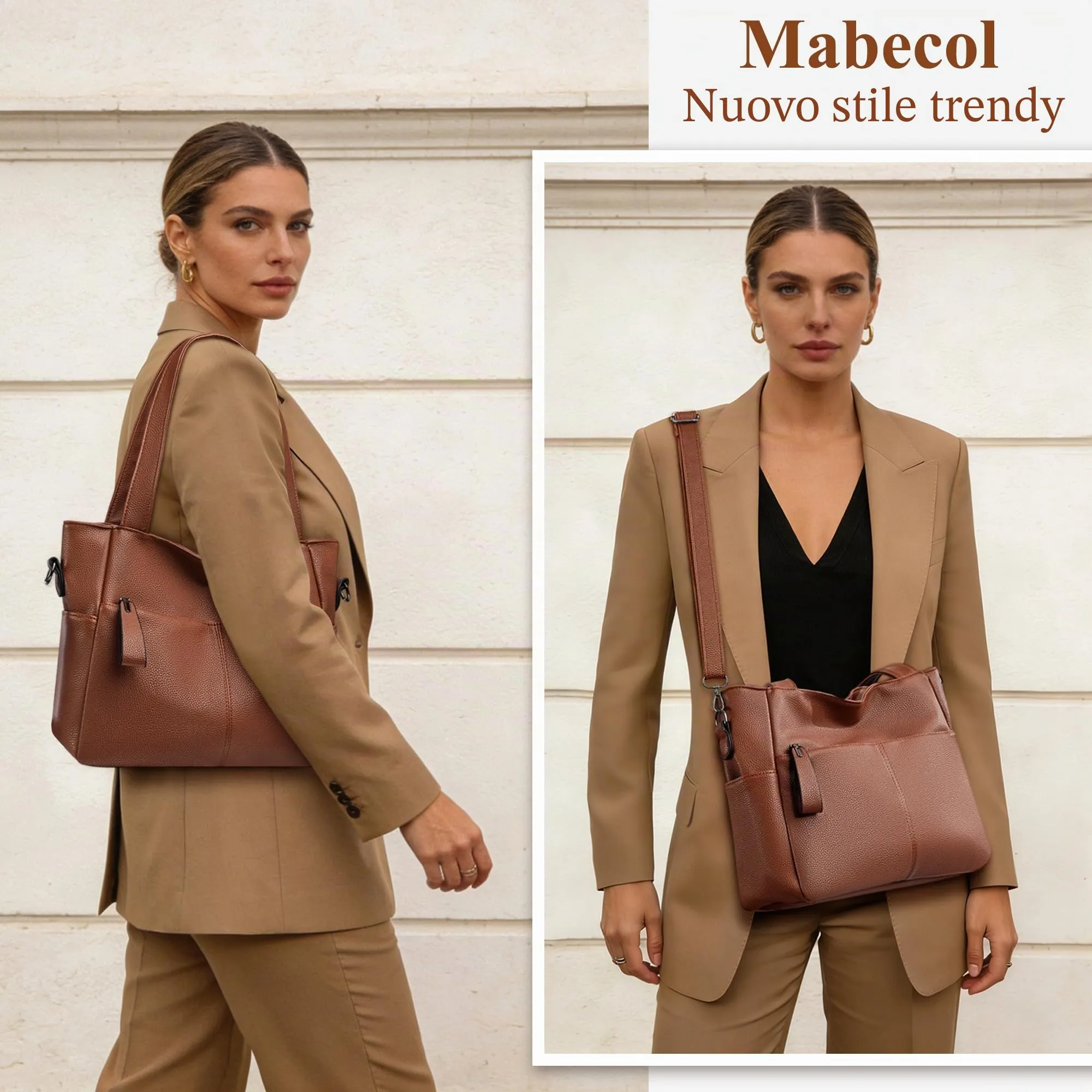 Mabecol Borsa Donna Media a Spalla, Mano e Tracolla Tote Shopper, Marrone - immagine 2