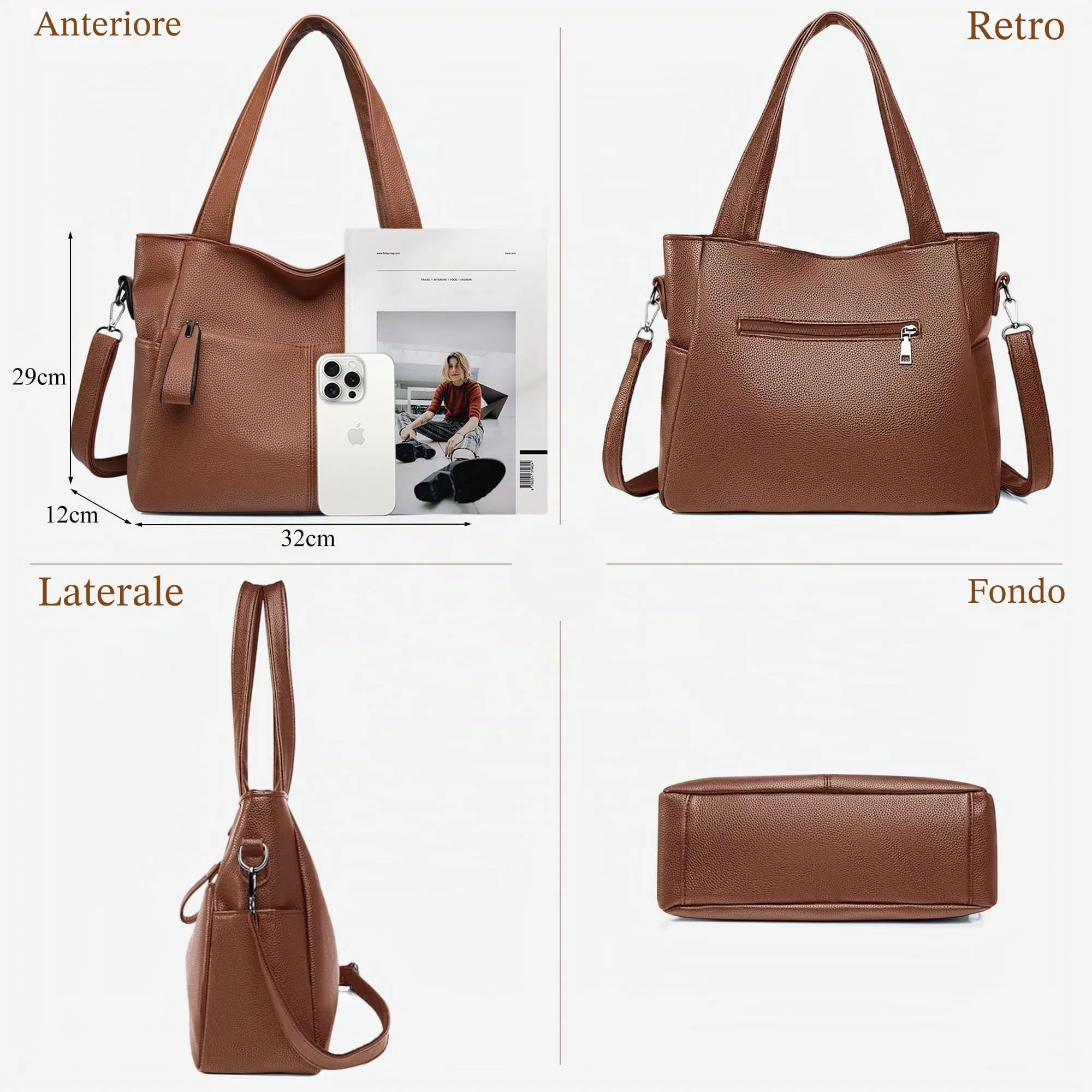 Mabecol Borsa Donna Media a Spalla, Mano e Tracolla Tote Shopper, Marrone - immagine 3