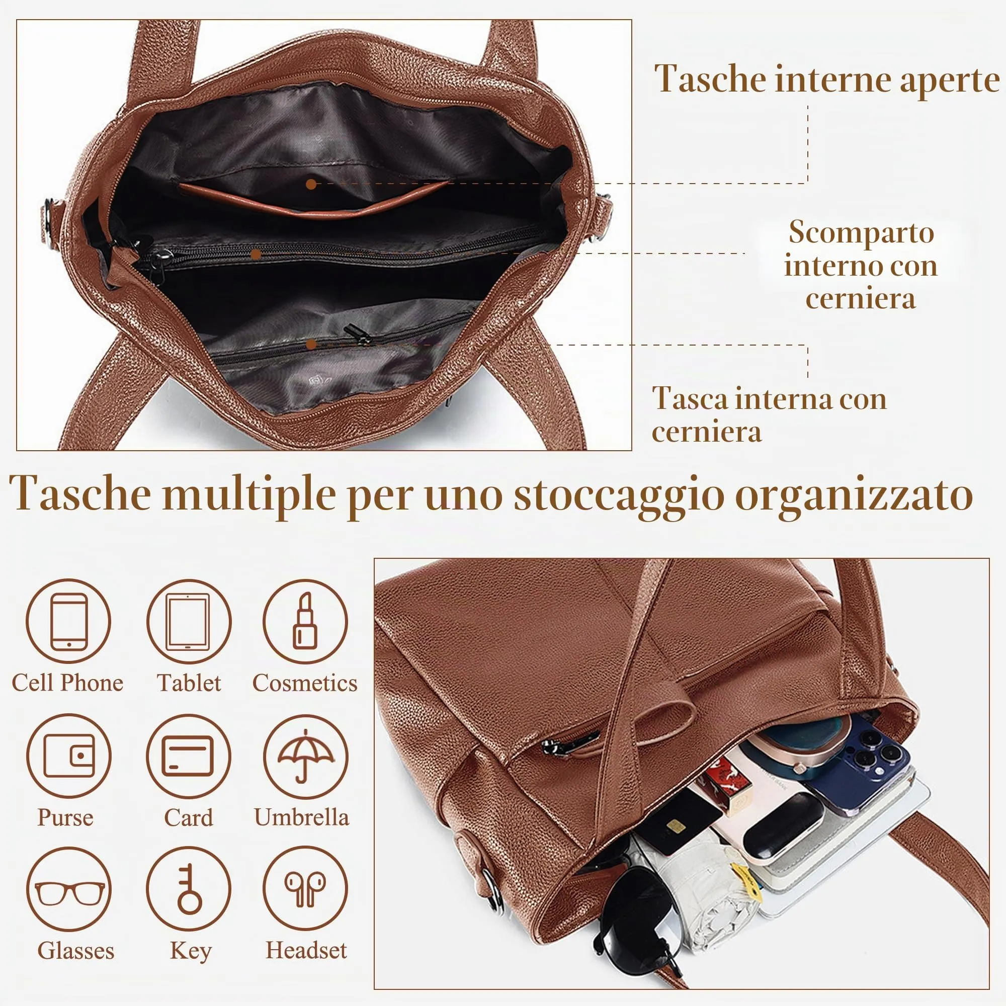 Mabecol Borsa Donna Media a Spalla, Mano e Tracolla Tote Shopper, Marrone - immagine 4