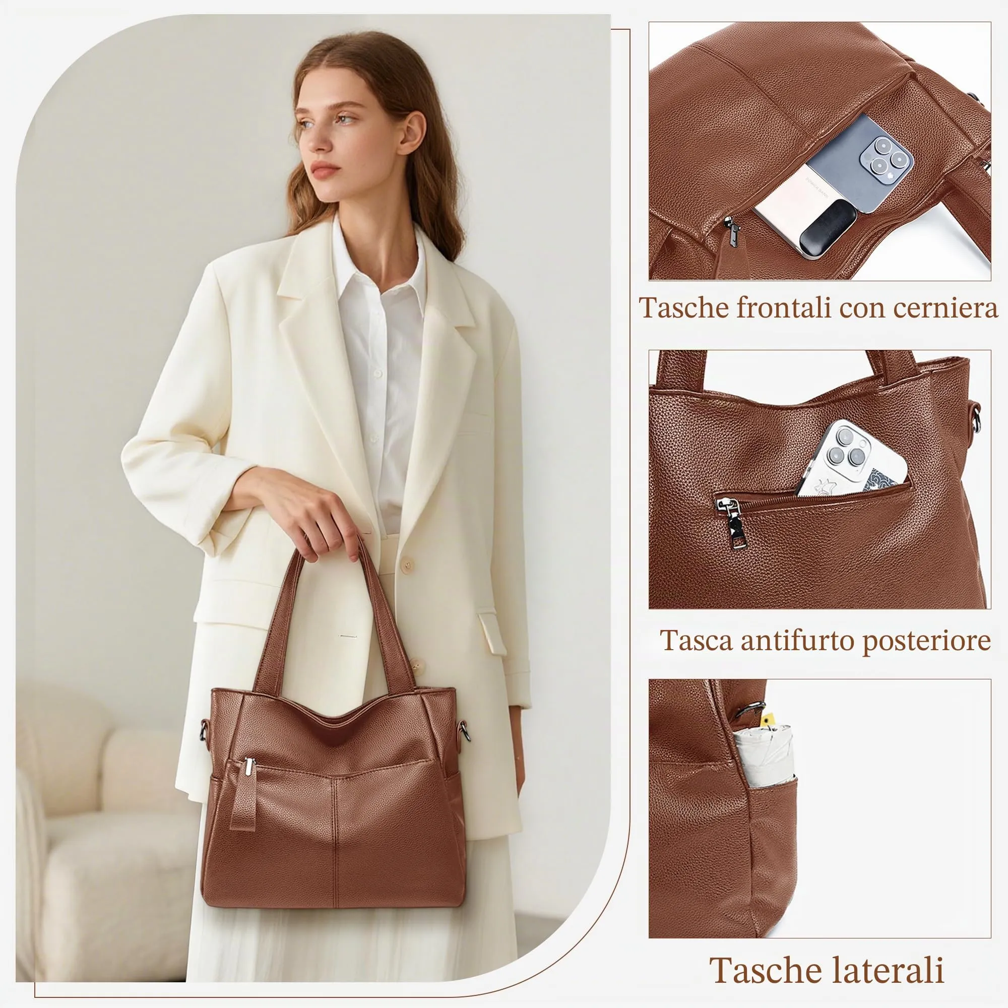 Mabecol Borsa Donna Media a Spalla, Mano e Tracolla Tote Shopper, Marrone - immagine 5