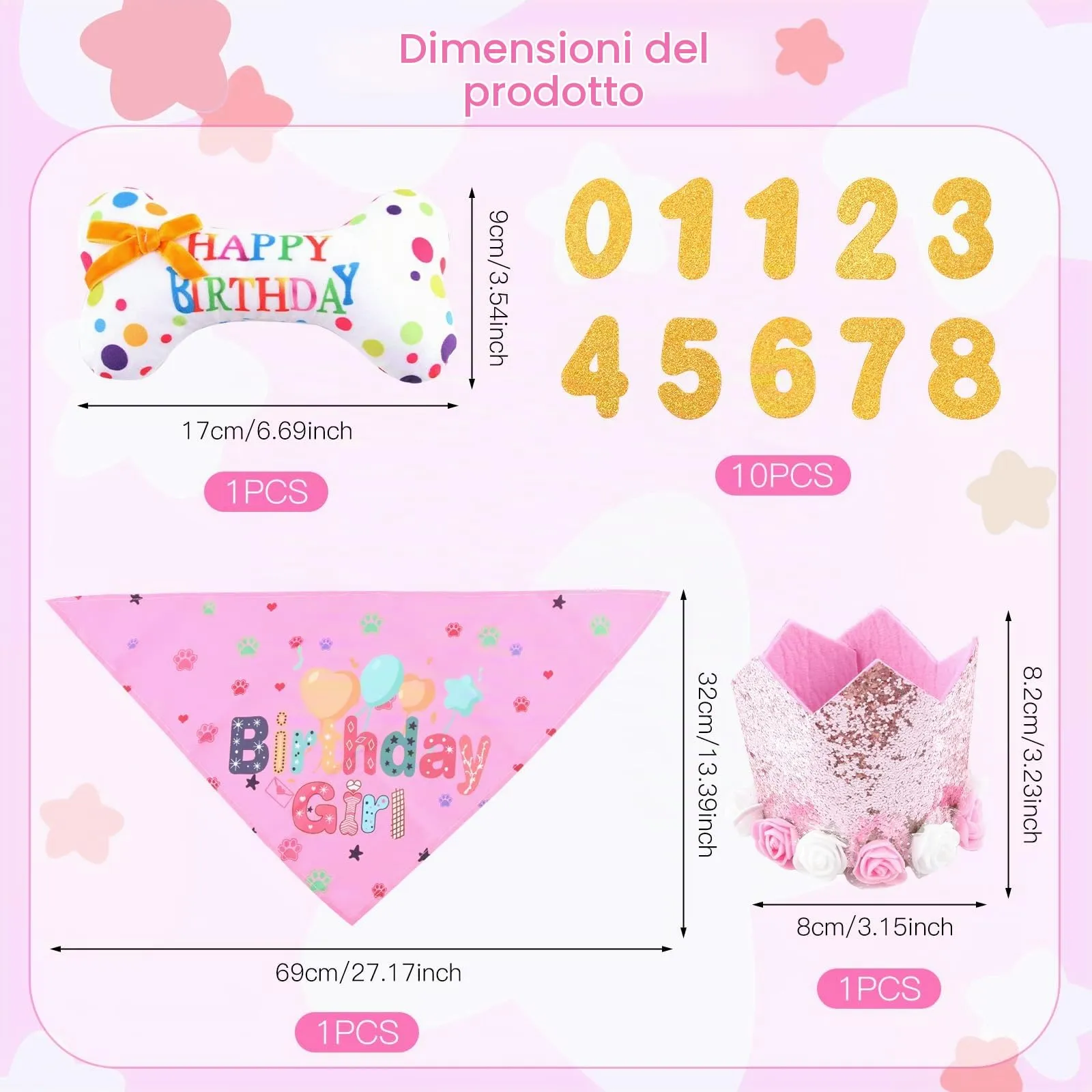 shallyong Set Compleanno Cane 4 Pezzi, Decorazioni Festa con Cappellino, Bandana e Giocattolo, Rosa, Small-Medium - immagine 2