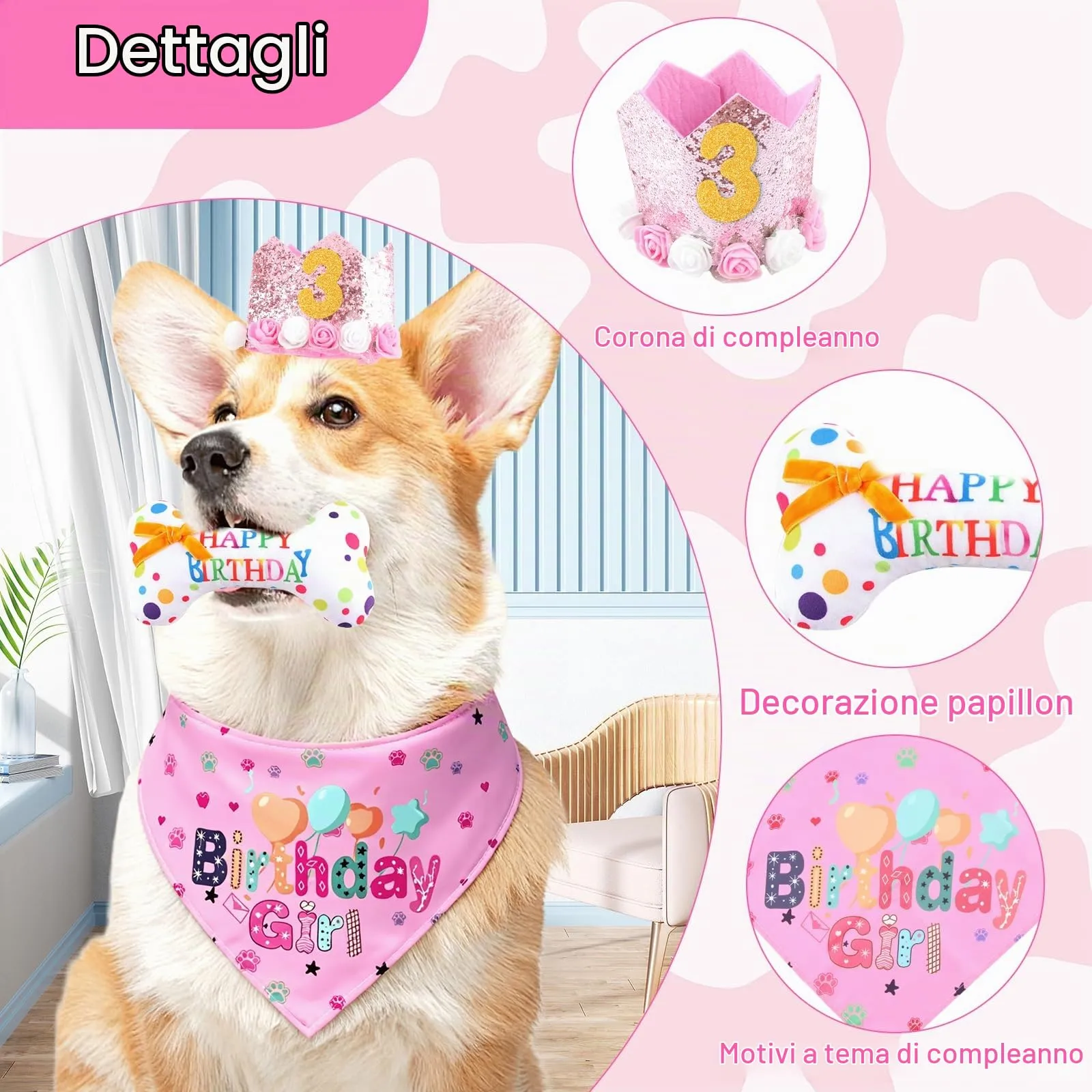 shallyong Set Compleanno Cane 4 Pezzi, Decorazioni Festa con Cappellino, Bandana e Giocattolo, Rosa, Small-Medium - immagine 3