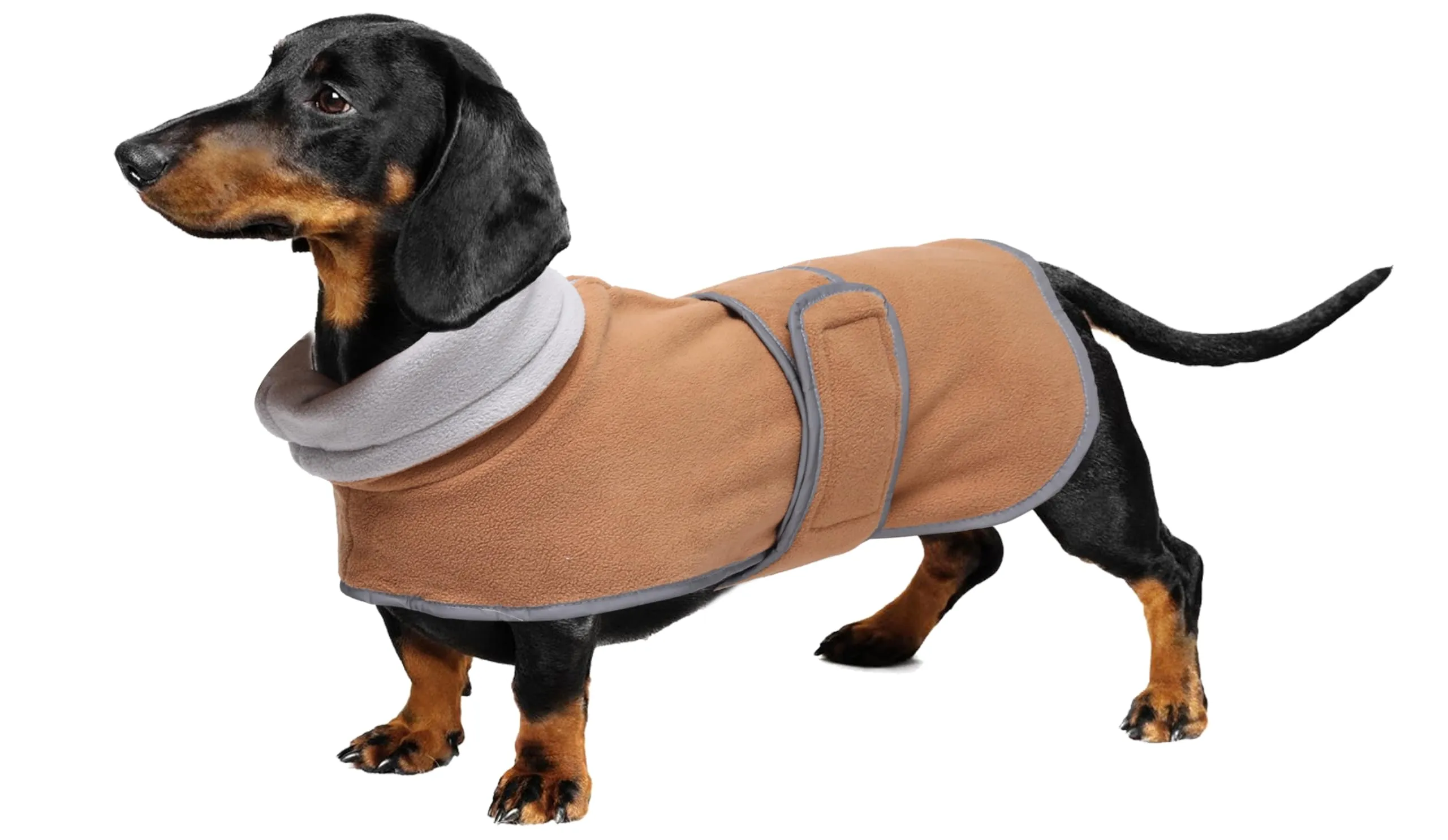 Geyecete Cappotto Invernale per Cani Bassotti in Pile con Foro per Imbracatura, Marrone, L - immagine 1