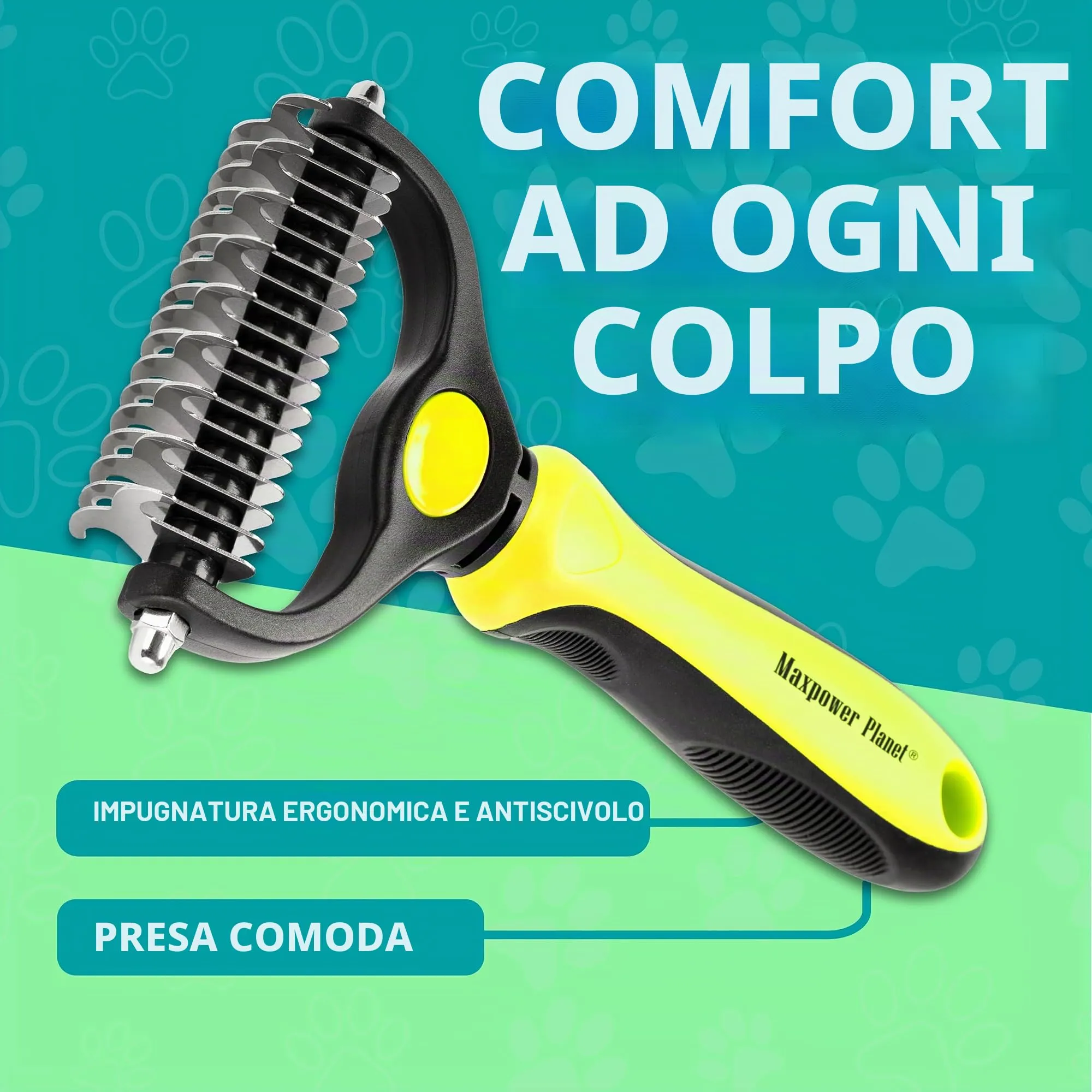 Maxpower Planet Spazzola per Toelettatura Animali Domestici, Pettine Rastrello Doppio Strato per Cani e Gatti, Large, Giallo - immagine 8