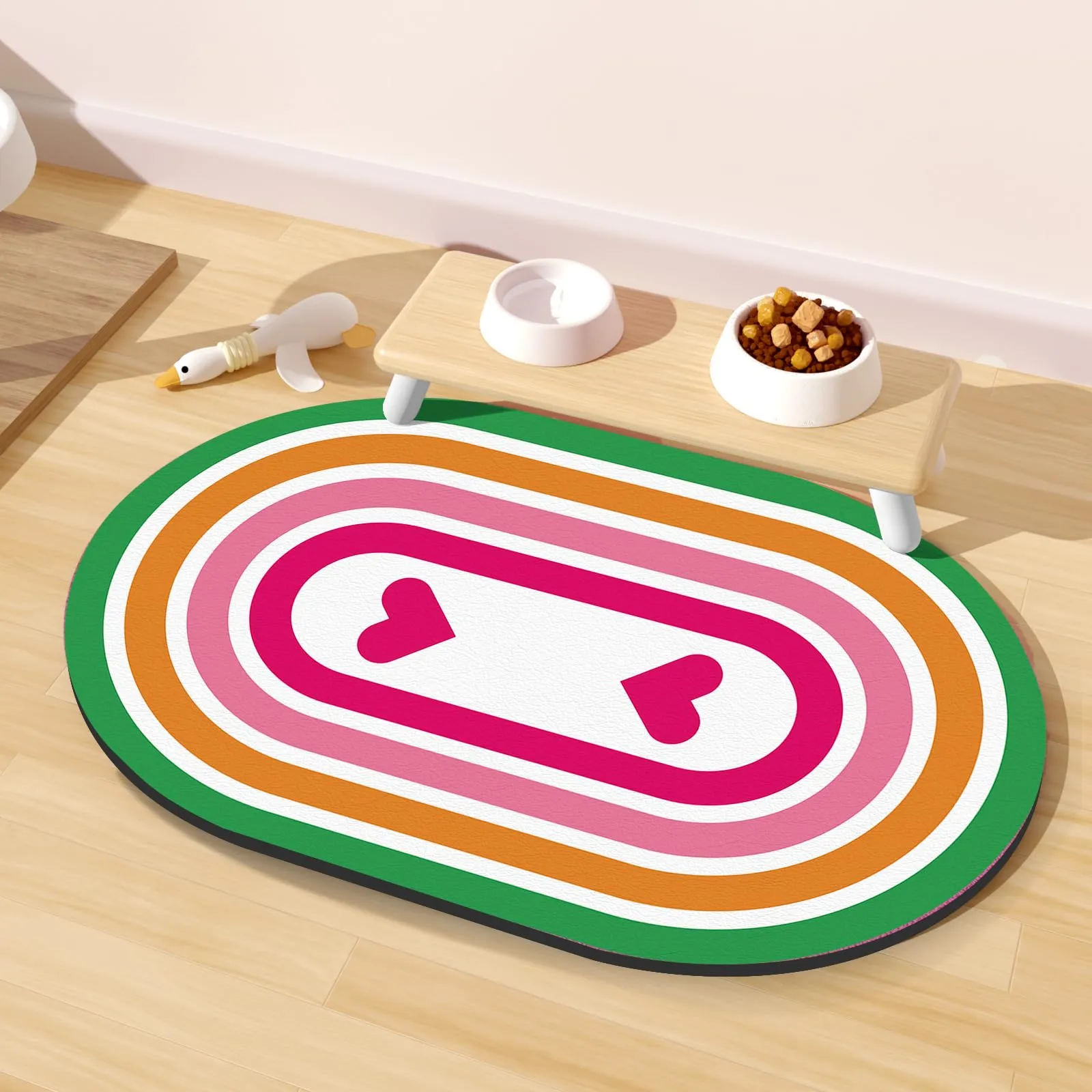 METEOROCK Tappetino Assorbente per Ciotole Cane e Gatto, Retro in Gomma Antiscivolo, Anti-Graffio, 61x40,5 cm, Cuore Rosa - immagine 1