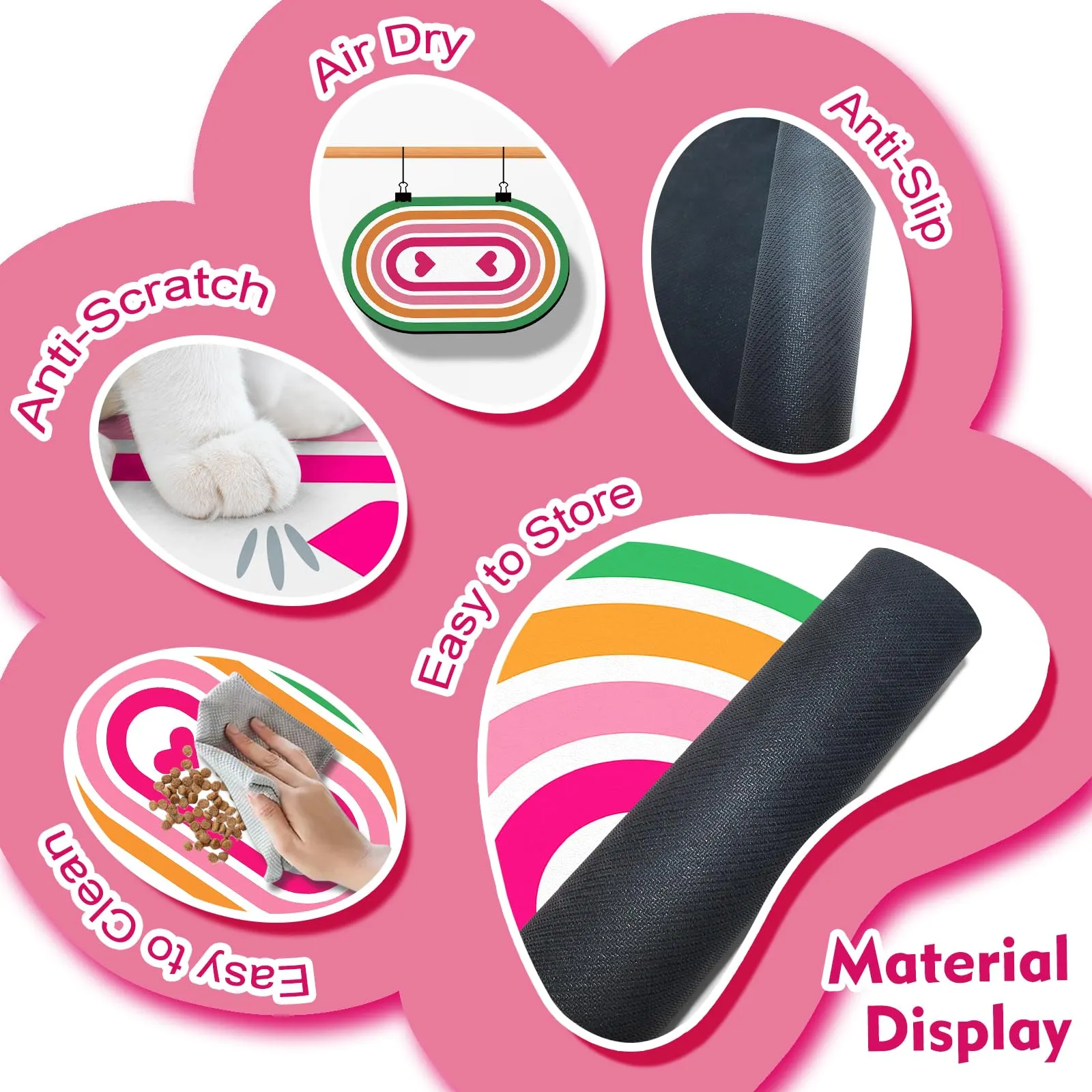 METEOROCK Tappetino Assorbente per Ciotole Cane e Gatto, Retro in Gomma Antiscivolo, Anti-Graffio, 61x40,5 cm, Cuore Rosa - immagine 4