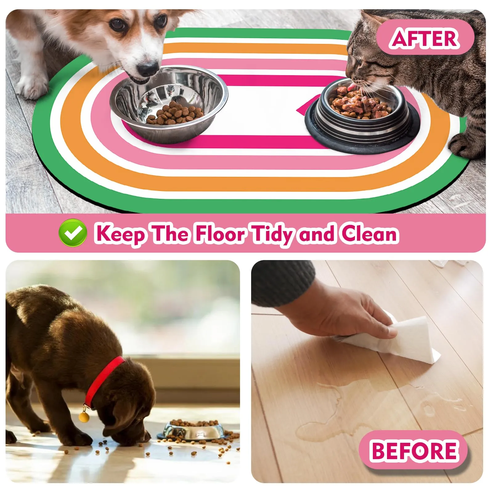 METEOROCK Tappetino Assorbente per Ciotole Cane e Gatto, Retro in Gomma Antiscivolo, Anti-Graffio, 61x40,5 cm, Cuore Rosa - immagine 5