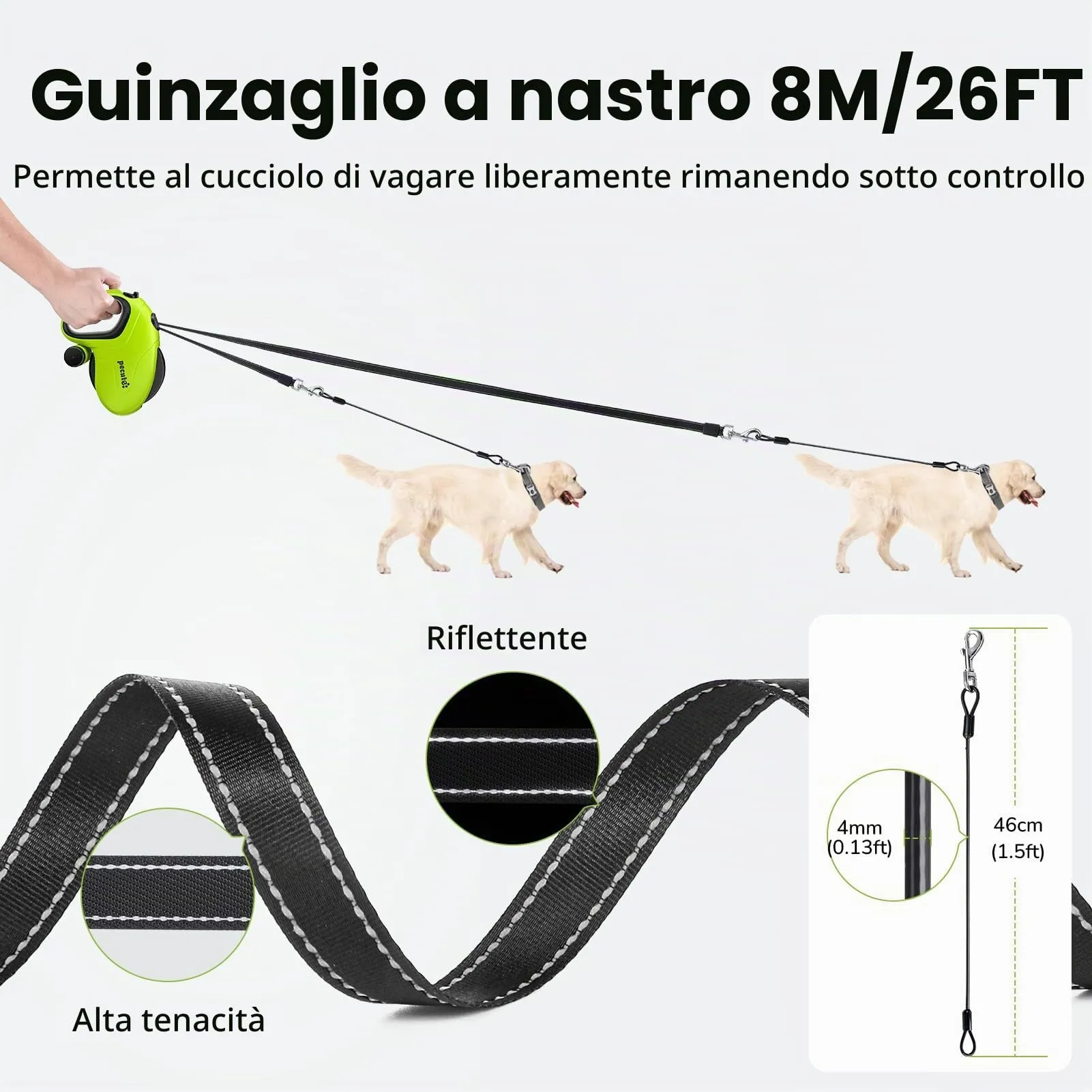 Pecute Guinzaglio Retrattile per Cani 8M, Anti-masticazione e Anti-groviglio, per Cani di Taglia Media e Grande fino a 50 kg - immagine 2