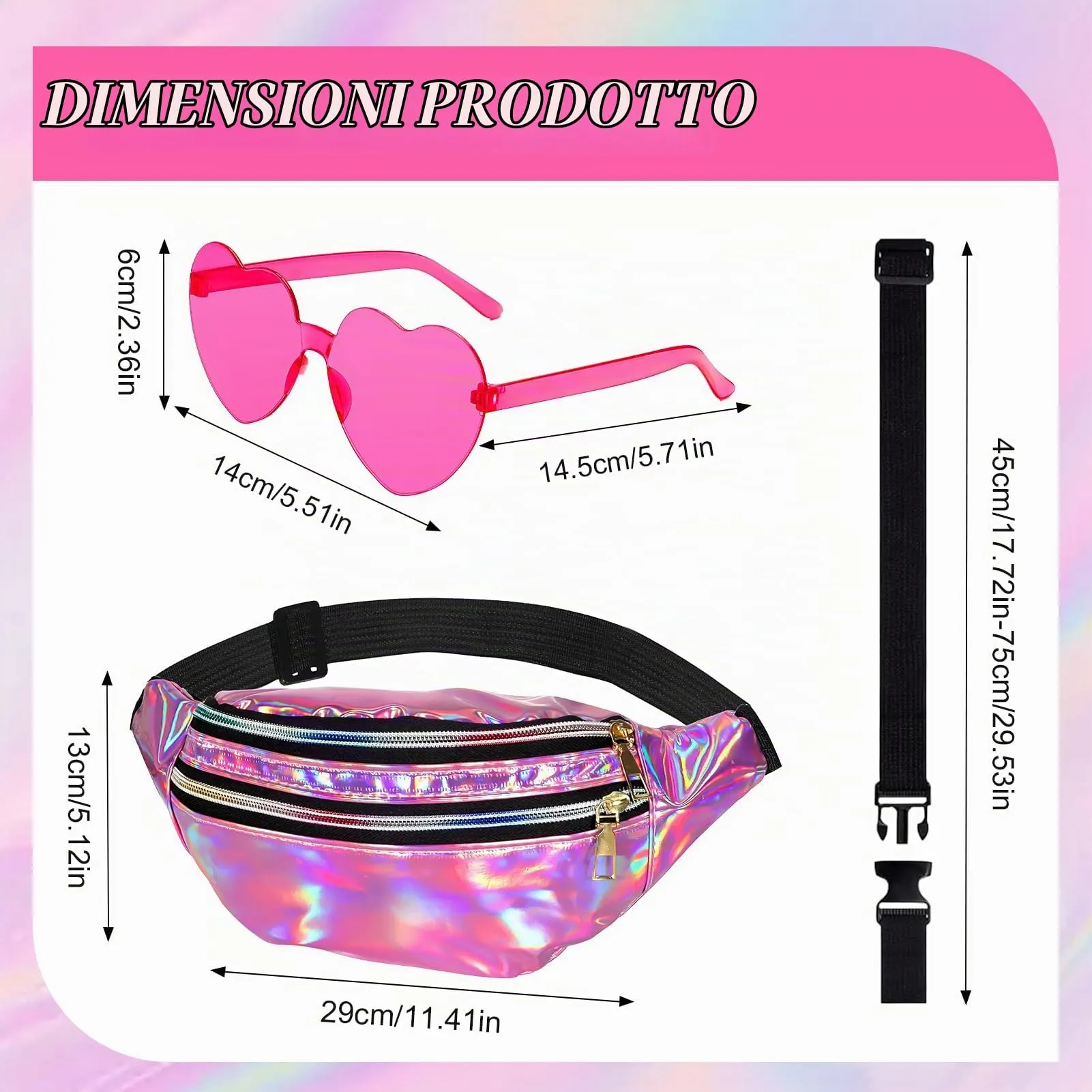 LQTSLFM Marsupio Olografico Glitterato con Occhiali a Cuore, Accessori Costume Anni '80 '90 per Festival e Carnevale (Rosa) - immagine 2