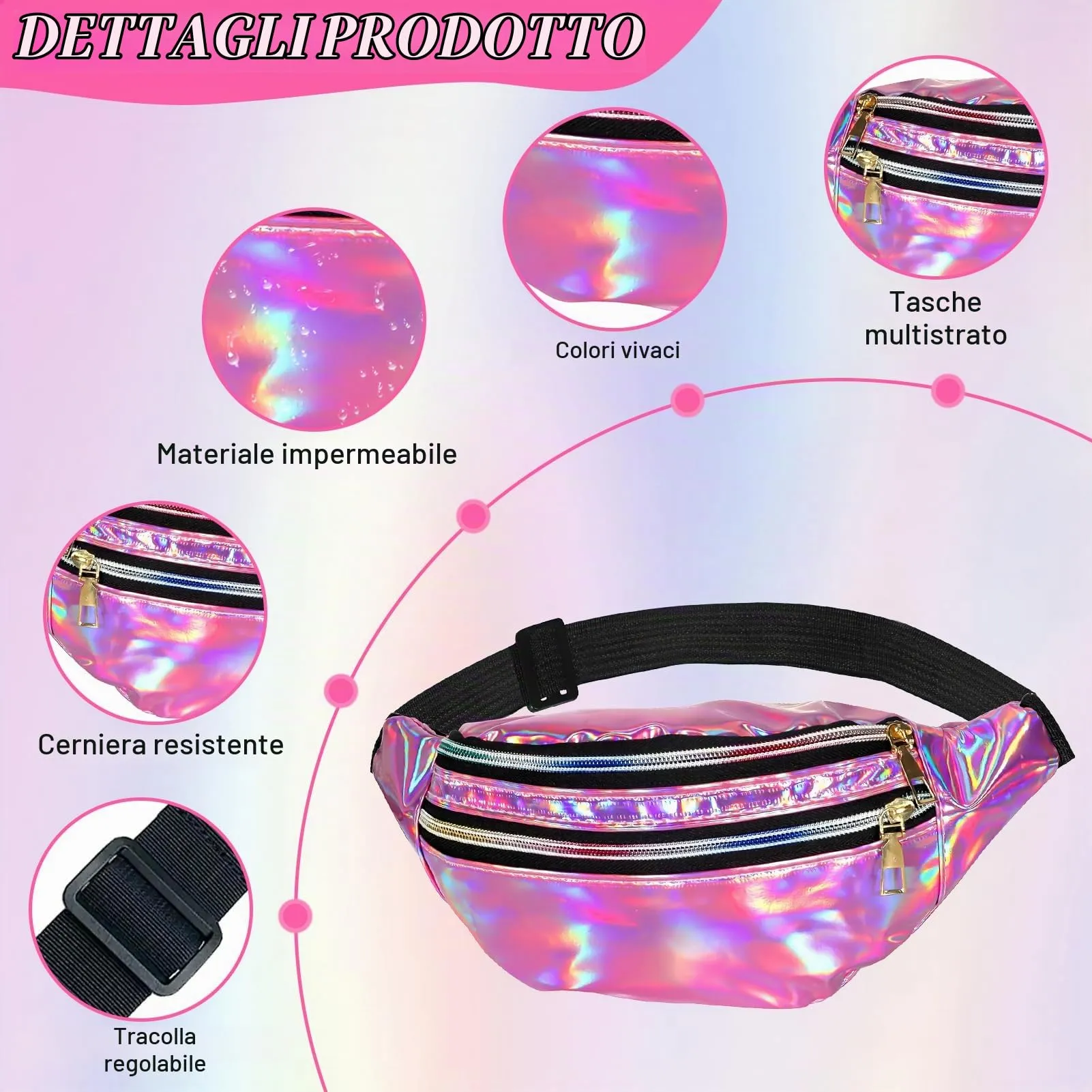 LQTSLFM Marsupio Olografico Glitterato con Occhiali a Cuore, Accessori Costume Anni '80 '90 per Festival e Carnevale (Rosa) - immagine 3
